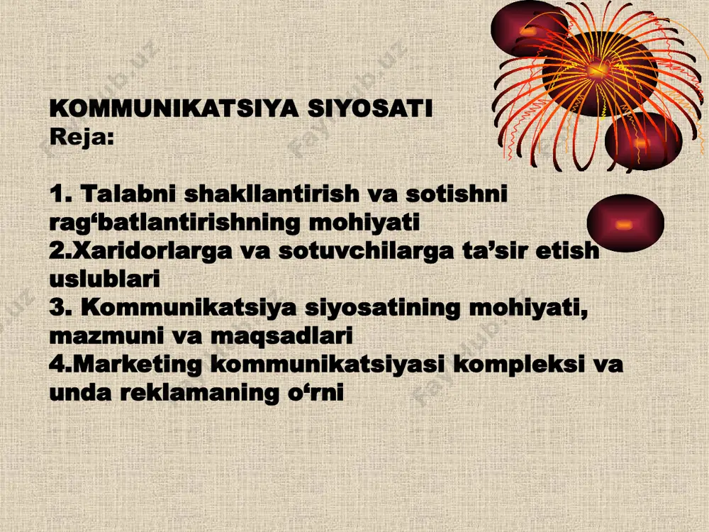 loqada bo‘lishga chiqarishdan iborat. odatda talabni shakllantirish tadbirlari iste’molchilarga va sotuvchilarga qaratilgan bo‘ladi. iste’molchilarni rag‘batlantirish ularga sezilarli tijorat imtiyozlari berishni ko‘zda to‘tadi: tovarni sotib olish hajmiga va doimiy aloqada bo‘lib turishga beriladigan imtiyoz; har xil shakldagi qarzlarga tovar sotish; tovarning ko‘p hajmda xarid qilinishini ko‘zlab namunalarni bepul tarqatish; tovarlarni vaqtincha ishlatish uchun bepul berish; ishlatilgan tovarni ma’lum shartlar bilan qabul qilish; yangi tovarlarni bo‘lajak xaridorlarga ko‘rsatish; tovar ishlab chiqaruvchi korxonalarda sayoxat uyushtirish; yangi tovarlarning bozorga kiritilishiga bag‘ishlangan matbuot konfyerentsiyalari o‘tkazish; tovar narxini keskin tushirish to‘g‘risidagi radio, televidenie va matbuot orqali e’lonlar. 1. jadal (shiddatli) marketing. buni ko‘pchilik xaridorlar - tovar to‘g‘risida ma’lumotga ega bo‘lmagan yoki bo‘lgani ham uning yuqori narxidan ta’sirlanmagan holda ishlatadi. xaridorlarni jalb qilish, ularning talabini shakllantirish tadbirlari o‘tkazishga katta mablag‘ ajratish orqali uyushtiriladi. tovarning ham narxi yuqori o‘rnatilib ko‘p foyda olish nazarda tutiladi. 2. bozorga tanlov asosida kirish uslubi. uning hajmi katta bo‘lmagan holatda ishlatiladi. tovar ko‘pchilikka …