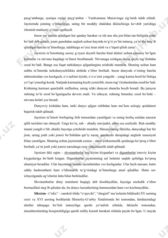 rini, braxmanizm, buddizm va jaynizmning asosiy g'oyalarini qamrab olgan. hinduizm o'zining yagona tashkilotiga ega emas. hinduizm insonnning tug'ilganidan to vafot etishigacha bo'lgan huquq va vazifalarini belgilab va cheklab qo'yadi. shuning uchun unda marosimchilikka keng o'rin berilgan. hinduizm kishilarning ijtimoiy tengsizligini oqlaydi va abadiylashtiradi, ruhning o'lmasligi va ko'chib aylanib yurishi (sansara ta'limoti), qayta tug'ilishi (karma ta'limoti), gunoh ishlar uchun javob berishi, jannat va do'zax kabi aqidalarni o'z ichiga oladi. hinduizm politeistik din bo'lib, unda ko'p xudolilik elementlari saqlangan. dindorlar tasavvurida bosh xudo braxman koinotning ijodkori va yaratuvchisidir. bundan tashqari hindlar vishnu va shiva xudolariga ham e'tiqod qiladilar. hinduizm ta'limotida xudoning uch xil ko'rinishida tasavvur etilishi (trimurti) eng oliy, ilohiy, yakka xudoning uch xususiyati, deb talqin qilinadi. bu xristianlikdagi uch yuzli xudoga uxshaydi. hinduizm ta'limoticha, olam paydo bo'lib, yemirilib, yuq bo'lib turadi, ya'ni olamning yashashi progressiv emas, aksincha, regressiv xarakterga ega; har bir davr olamning yuksak rivojlangan cho'qqisidan boshlanib, uning inqirozga uchrashi …