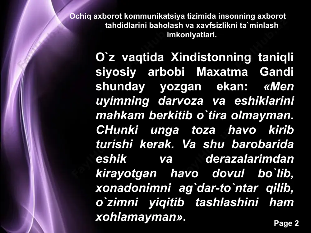 birdan boyib ketish, to`kin hayotga erishishga bo`lgan egoistik intilishi ularning asl qadriyatlarga, jumladan, oila va nikohga, yoshlar tarbiyasiga bo`lgan munosabatlarida keskin inqirozni keltirib chiqardi. bu xolatni u gedonistik psixologiyaning asosi deb baholab, uning oqibati jamiyatda qator ijtimoiy muammolarni keltirib chiqarayotganligini ochiq e`tirof etadi. page ‹#› gedonizmning ma`nosi shundayki, shaxs va uning xulq-atvori motivlarida faqat nimalardandir lazzatlanish, qoniqish olish va o`zidagi ichki ruhiy iztiroblardan xoli bo`lishga intilish ustivor bo`ladi. to`g`ri, aslida insonning to`q va farovon hayotga intilishi, boy-badavlat yashashni hoxlagani ayb emas, lekin bunday to`kinchilik insoniylikka qarshi bo`lishi mumkin emas. page ‹#› muallifning tashvishi va uni xavortirga solgan narsa shuki, bunday ong va shuurdagi o`zgarishlar yevropa xalqlarining eng zarur va muhim qadriyatlarga nisbatan salbiy munosabatlarda ifodalanadi. masalan, bugungi evropada tug`ilayotgan bolalarning har uchtasidan bittasi nikohsiz tug`ilayotganligi, tug`ilishning keskin kamayib ketganligini, umuman ayollar o`zidan sog`lom zurriyod qoldirishni istamayotganligi, mablag`i etarli bo`la turib, farzand tug`ilishi va uni tarbiyalashga ketadigan mablag`ni qizg`anayotganligi yaqqol namoyon …