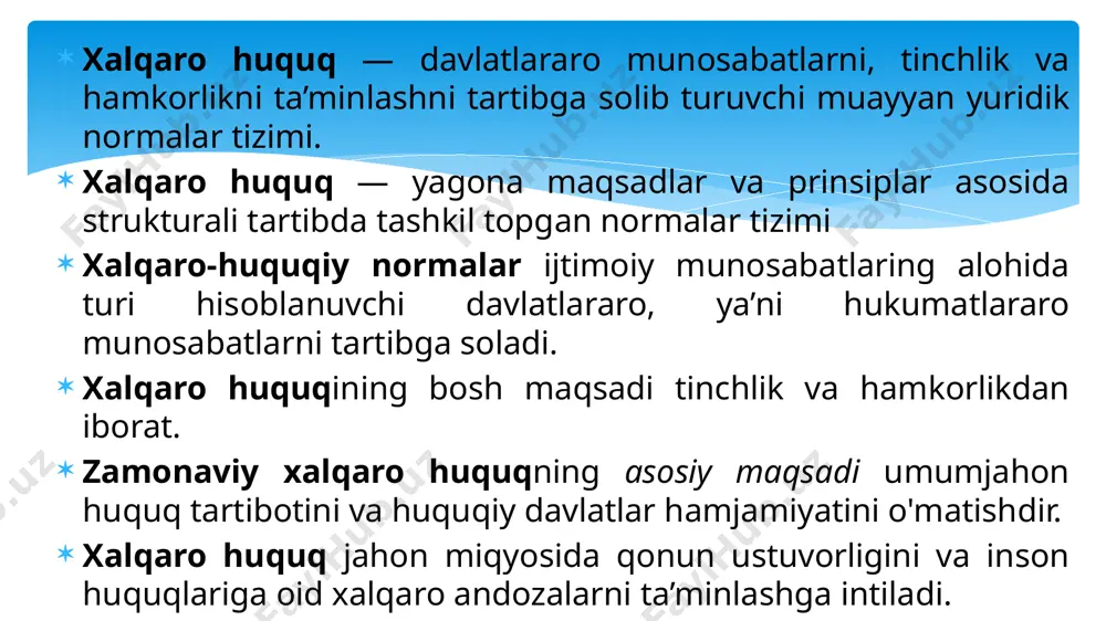 huquqi havo hududlaridan foydalanish bo‘yicha huquqiy munosabatlami qamrab olish bilangina cheklanmasdan, balki xalqaro havo aloqalari («havo erkinligi»)ni amalga oshirish chog'ida savdo huquqini ham belgilaydi. xalqaro huquqqa ta’sir ko‘rsatishi mumkin bo‘lmagan har qanday narsa ham xalqaro huquq obyekti hisoblanavermaydi. misol uchun, milliy qonunchilik — xalqaro huquq obyekti emas, chunki uni qabul qilishda davlatlar uzil-kesil o'zining suverenitetiga asoslanadi. xalqaro huquq obyektini xalqaro huquq predmetidan, ya’ni xalqaro huquqiy munosabatlaming o'zidan farqlash lozim. shuningdek, xalqaro huquq fanining predmeti degan tushuncha mavjud bo'lib, u xuddi shu fan o'rganadigan narsalami nazarda tutadi. bunda, birinchi holatda, xalqaro huquq obyektidan foydalanish jarayonida xalqaro aloqalarda yuzaga keladigan munosabatlar tartibga solish uchun ajratib olinadi, ikkinchi holatda esa — ilmiy (nazariy) bilimga ega bo‘lish uchun xalqaro huquqshunos olimlar xalqaro huquqning turli muammolarini, shu jumladan, xalqaro huquq fanining predmeti xalqaro huquq predmetiga nisbatan anchayin umumiy tushuncha ekanligi haqidagi masalani tadqiq etadilar.. xalqaro huquq predmeti deganda, odatda, xalqaro huquq subyektlari o‘z huquq va …
