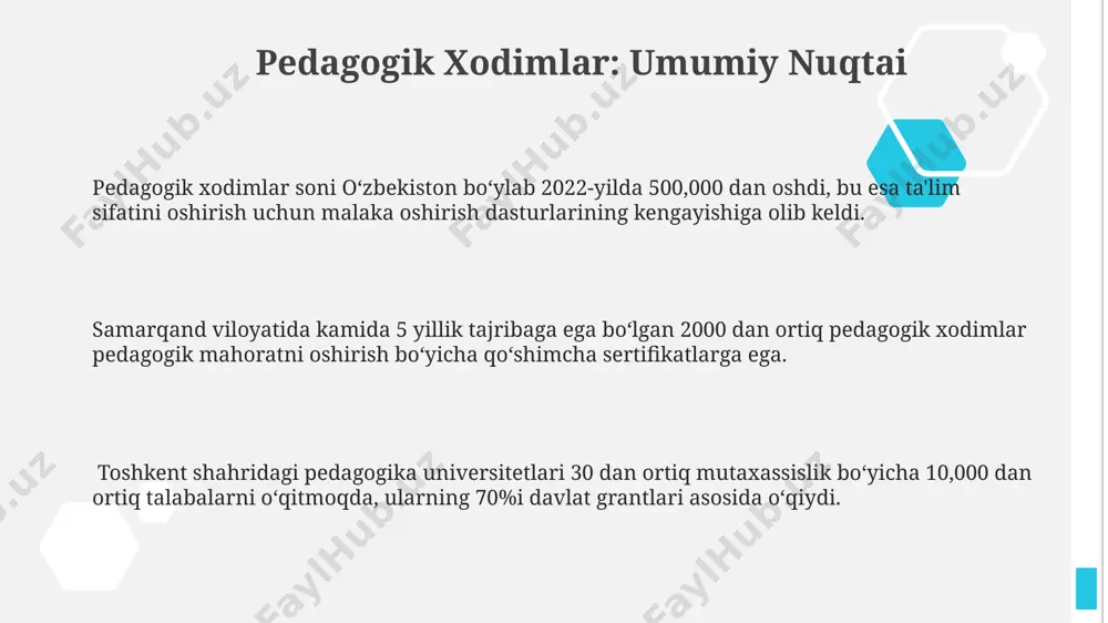 zarur. toshkent shahridagi pedagogika institutlarining dasturlarida bu ko‘nikmalar yetarlicha yoritib berilmayapti. o‘quvchilarning individual ehtiyojlarini aniqlash va ularga moslashgan ta'lim strategiyasini ishlab chiqish uchun o‘qituvchilar psixologiya va pedagogika sohasidagi 2 yillik malaka oshirish kurslarini tugatgan bo‘lishi kerak. andijon viloyatidagi maktablarda bu ko‘rsatkich atigi 15% ni tashkil etadi. baholash va monitoring baholash jarayonida samarqanddagi 50 ta maktabda o'qituvchilarning 3 yillik faoliyati davomida kamida 2 marta o'quvchilarning bilim darajasi va pedagogik mahorat bo'yicha baholanishi shart. andijon viloyatida 2023 yilda 150 nafar pedagog xodimning ishi monitoring qilingan bo'lib, ularning 80% i yangi davlat ta'lim standartlariga moslashish uchun qo'shimcha o'qitishga muhtojligi aniqlangan. monitoring natijalariga ko'ra, toshkent shahridagi 10 ta maktabda o'qituvchilarning 70% i qo'shimcha malaka oshirish kurslariga jalb qilingan bo'lib, bu ularning pedagogik ko'nikmalarini 15% ga oshirdi. ota-onalar bilan hamkorlik ota-onalar bilan samarali hamkorlikni ta'minlash uchun 30 dan ortiq maktab toshkent shahrida 2023-yilda o'quvchilarning o'zlashtirish darajasini oshirishga qaratilgan yangi pedagogik dasturlarni joriy etdi. o'quvchilarning 70% …