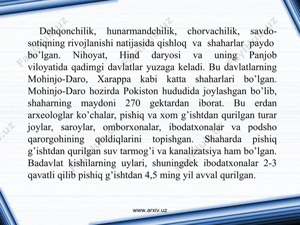 , ta’lim beriladi. shulardan keyin esa eng past toifa - hazar qilinadiganlar yaralgan. shunday qilib, braxmanlar ta’limotiga ko’ra, xudo odamlarni turli toifalarga – kastalarga bo’lib, bola qaysi kastadan tug’ilgan bo’lsa, u umri bo’yi o’sha toifada qolishi kerak bo’lgan. toifalarni aralashib ketishiga yo’l qo’yilmagan. www.arxiv.uz www.arxiv.uz www.arxiv.uz www.arxiv.uz buddizm ta’limoti to’rt haqiqatda o’z ifodasini topgan: 1. turmush azob-uqubatlardan iborat; 2. azob-uqubatlar sababi – kishilarning istaklari va nafslaridir: 3. azob-uqubatdan qutilish uchun kishilar o’zlarining istak va nafslarini tiyishlari kerak; 4. azob-uqubatlardan halos bo’lish uchun budda kashf etgan qoidalarga amal qilishi kerak. www.arxiv.uz www.arxiv.uz buddizm ta’limoti asosida boshqa odamlarga nisbatan yaxshi insoniy munosabatda bo’lish, boshqa tirik mavjudodga nisbatan zo’ravonlik ishlatmaslik, ayniqsa, o’ldirishni ma’n etish g’oyasi yotadi. demak, inson axloqida gumanizm asosiy o’rin tutadi. mil. avv. iii asrda podsho ashoka tomonidan buddizmni qabul qilinishi bilan u davlat diniga aylandi. buddizm dinining nodir bir tomoni bu, boshqa dinlarga nisbatan murosasozlik qilishdir. eramizning i asrida buddizm …