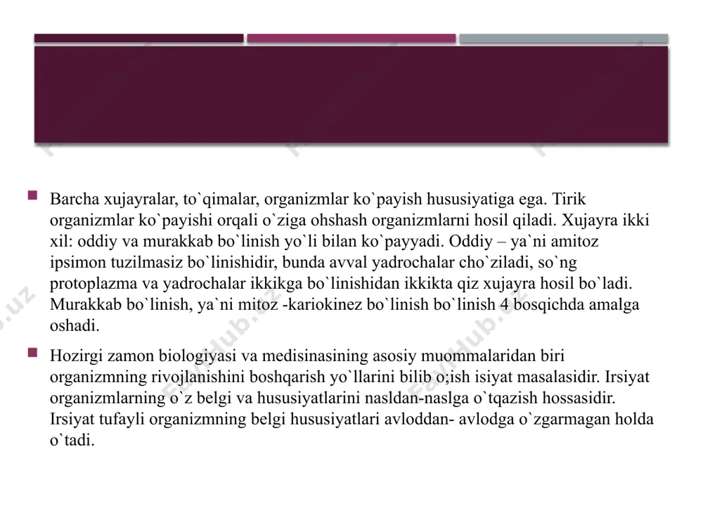 ul belgisi dominant belgi, oq gul belgisi resesiv belgi deb ataladigadi. bo`ldi. birinchi bo`g`inda resessiv belgi yashirin holda bo`ladi. oq gulli o`simliklarning o`zidan chamglanishi natijasida paydo bo`lgan uchinchi va keyingi bo`g`inlarda faqat oq gulli o`simliklar bunyodga keladi. qizil gulli o`simliklarning nasli har xil bo`lib chiqdi. nasllarning 3/1 qismi qizil gulni saqlab qoldi, 3/2 qismi 3:1 nisbatda ham qizil ham oq gullar chiqardi. mendel tomonidan kashf etilgan bu qonuniyat belgilarining nasllarda alralish qonuni deb ataladi. mendel tajribalaridagi dastlabki ota-ona organizmlar bir emas, balki bir nechta belgisiga ko`ra bir-biridan farq qiladigan bo`lsa , bu belgilarning bir-biridan mustaqil holda nasldan –naslga o`tishi aniqlandi. shu tariqa belgilarning bir-biridan mustaqil holda nasldan-naslga o`tish qonuniyatini ta`riflab berildi. mendelning 1-chi qonuni dominanta va resessivlik qonuni bo`lib, yuza chiqqan belgilar dominanta , yuzaga chiqmagan lari- resessiv belgilar deb yuritiladi. 2-chi qonuni ota-ona belgilari 3:1 nisbatda avloddan-avlodga o`tadi, ya`ni 75% dominant, 25% resessiv belgilar yuzaga chiqadi. irsiyatning moddiy negizi …