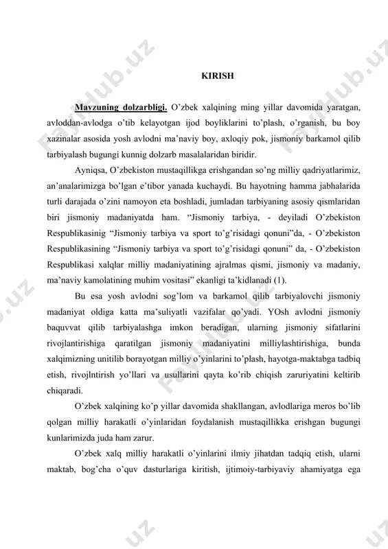 ga tadbiq etish, rivojlntirish yo’llari va usullarini qayta ko’rib chiqish zaruriyatini keltirib chiqaradi. o’zbek xalqining ko’p yillar davomida shakllangan, avlodlariga meros bo’lib qolgan milliy harakatli o’yinlaridan foydalanish mustaqillikka erishgan bugungi kunlarimizda juda ham zarur. o’zbek xalq milliy harakatli o’yinlarini ilmiy jihatdan tadqiq etish, ularni maktab, bog’cha o’quv dasturlariga kiritish, ijtimoiy-tarbiyaviy ahamiyatga ega bo’lgan turlarini sport darajasiga ko’tarish jismoniy madaniyat fani oldidagi eng dolzarb muammolardan biriga aylanganligini ko’rsatadi. shu nuqtai nazardan qaraganda biz tanlagan mavzuning dolzarbligi va muhimligi yaqqol namoyon bo’ladi. maktabda jismoniy tarbiya darslarida xalq milliy harakatli o’yinlarini o’tkazish usullarini to’liq egallamagan o’qituvchilar hozircha ko’pchilikni tashkil etadi. buning ustiga ijtimoiy voqe’lik, pedagogik amaliyot va nazariyot keng omma o’rtasida tug’ilib, rivojlangan xalq pedagogikasining eng yaxshi yutuqlaridan samarali qo’llash, xalq pedagogikasi g’oyalari asosida fikr yuritish o’quv tvrbiyaviy ishning muvaffaqiyatini ta’minlovchi hal qiluvchi omillardan ekanligiga guvoh beradi. shu bois tadqiqot natijalaridan amaliyotda keng foydalanish mumkin. ishning nazariy ahamiyati shundaki, unda asosiy va muhim …