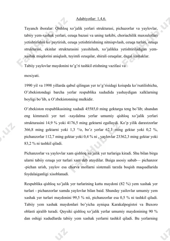hloq xo’jalik yerlar umumiy maydonining 90 % dan oshigi xududlarda tabiiy yem xashak yerlarni tashkil qiladi. bu yerlarning solishtirma xajmi qashqadaryo, surxandaryo, samarkand, xorazm viloyatlarida kamroq bo’lib 60-70 %, boshqa viloyatlarda - 40-50 %, sirdaryo viloyatida esa bu ko’rsatkich eng past bo’lib 19,9 % ni tashkil qiladi. qishloq xo’jalik yerlarining o’sish dinamikasini taxlil qilish ya’na shuni ko’rsatadiki, tekshirish davrida tabiiy yem xashak yerlari (pichanzorlar, yaylovlar) maydonlarida katta o’zgarishlar sodir bo’lgan. pichanzorlar maydoni 112,9 ming gektardan 110,6 ming gektargacha o’zgargan. umuman xisoblash mumkniki, respublikada bu yer turlarining maydoni ancha oshgan (728 ,4 ming gektargacha) ammo u xam oxirgi yillarda bir xil miqdorda saklaimoqda. eng katta o’sish 1970-1980 yillarga to’g’ri keladi, qaysiki bu yillari yaylovlar maydoni million gektarga oshgan. tabiiy yem xashak yerlarining o’sishi asosan zaxira yerlarni qo’shib olib borish xisobiga ruy bergan. asosan bu davrda pichanzor va yaylovlarning maydonlari qaraqalpogistonda va buxora oblastida usgan. boshqa oblastlarda yillar bo’yicha ba‘zi o’zgarishlar mavjud, …