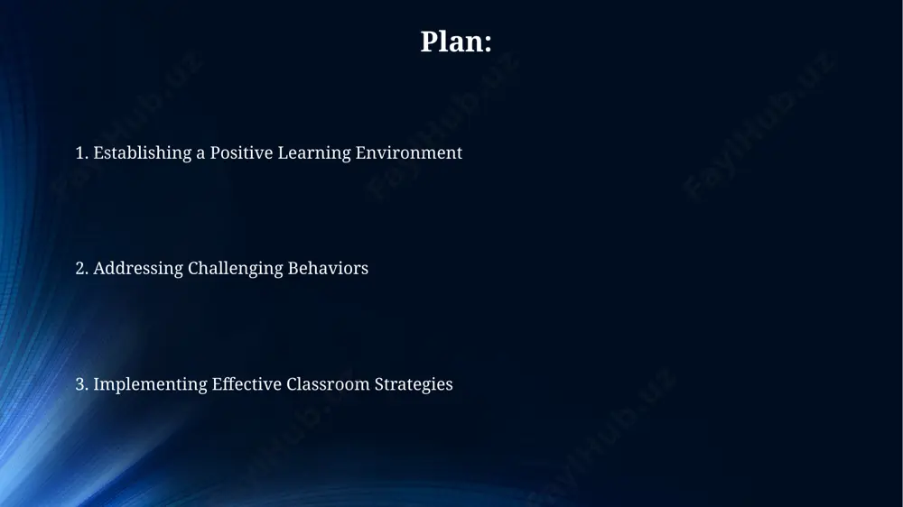 tem of parental involvement, ranging from volunteering (level 1) to active participation in classroom activities (level 3), fosters a stronger sense of community and increases student engagement metrics by 15-20%. creating a positive and engaging learning environment implementing a 5-minute "mindful moment" at the start of each class reduces disruptive behaviors by approximately 20%, fostering a calmer learning atmosphere and improved student focus. incorporating varied teaching methodologies – including visual aids, kinesthetic activities, and technology integration – caters to diverse learning styles, leading to at least a 15% increase in overall student comprehension and participation. proactive and reactive behavior management techniques reactive strategies, such as proximity control (moving near a disruptive student) and nonverbal cues (eye contact, gestures), are effective for addressing minor infractions quickly, minimizing escalation & maintaining instructional momentum. data-driven behavior management uses charts or graphs to track student behaviors. analyzing this data (weekly/monthly) informs adjustments to both …