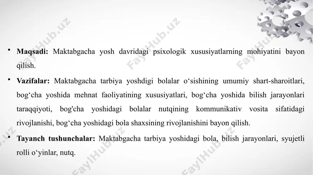 rlarining harakatini qattiq nazorat qiladilar). bog‘cha yoshida bilish jarayonlari taraqqiyoti. bog‘cha yoshidagi bolalarda sezgi, idrok, diqqat, xotira, tasavvur, tafakkur, nutq, xayol, hissiyot va irodaning rivojlanishi jadal kechadi. bolalar diqqati ixtiyorsiz bo’ladi. boalalrning diqqatini jamlashga o’rgatishda o’yin asosiy o’rinni egallaydi. xotirasi ko’rgazmali va obrazli. ixtiyorsiz esda saqlash. tafakkur tez rivojlanadi. buning sababi, birinchidan, bog‘cha yoshidagi bolalarda turmush tajribasining nisbatan ko'payishi, ikkinchidan, bu davrda bolalar nutqning yaxshi rivojlangan bo‘lishi, uchinchidan esa, bog‘cha yoshidagi bolalarning erkin, mustaqil harakatlar qilish imkoniyatiga ega bo‘lishlaridir. sezgilarning rivojlanishi bola hayotining dastlabki 1-yilida idrok rivojlanishi yo’ii ancha murakkabdir. bu davr mobaynida juda ko’p o’zgarishlar ro’y beradi, birinchi o’rinda bu o’zgarishlar sezgirlik sohasida sodir bo’ladigan rivojlanishga taalluqlidir. butun bog’cha yosh davri mobaynida ko’z sezgirligining o’tkirligi ortadi. shuningdek, ko’z o’tkirligi darajasi faoliyat sharoitiga bog’liqligi ham aniqlangan - o’yin vaziyatida tadqiqot o’tkazilganda ko’znng o’tkirligi sezilarli darajada ortadi. bog’cha yosh davrida ranglami farqlashda ham ancha os’ish kuzatiladi; aniq va tiniqligi ortadi. z.m.istominaning …