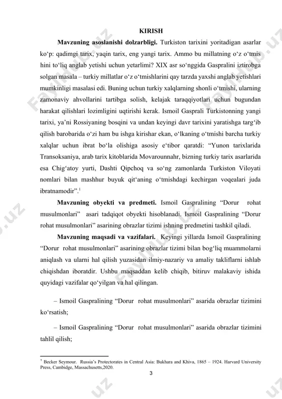 lgan adabiyotlar ro‘yxatidan iboratdir. i. bob. ismoil gaspralining hayoti, ijodi va “dorur rohat musulmonlari” asarida obrazlar tizimining ahamiyati 1.1. ismoil gaspralining hayoti va ijodi gasprali turkistonning yaqin tarixiga nazar tashlar ekan, buni avvalo o‘lkaga rus bosqini qanday amalga oshirilgani, uning sabablari, oqibatlari va albatta, mahalliy xonliklarning rus bosqini arafasidagi siyosiy, iqtisodiy ahvolini tahlil qilishdan boshladi. 1880-yillar o‘rtalariga kelib rus matbuoti va kitob dunyosida turkistonning bosib olinishiga doir materiallar ko‘plab nashr qilingan edi. gasprali tarixning ayrim voqealarini haqqoniy aks ettirish uchun rus senzurasini cheklab o‘ta olmasdi. shu sababdan u turkiston harbiy kompaniyasida bevosita ishtirok etgan rus generali a.kuropatkinning (1845-1925) o‘lkaga bo‘lgan bosqinchilik haqidagi xotiralarini ruschadan o‘girib, 1885-yili “tarjimon” gazetasida “rus askarlarining o‘rta osiyoda harakati” [kuropatkin 1885, 21-25] nomi bilan nashr etdi. a.kuropatkinning gasprali tarjima qilgan bu xotiralari 1899-yili peterburgda chop etilgan “turkmanistonning bosib olinishi” [kuropatkin 1899] nomli kitobining asosini tashkil qiladi. gasprali gazetada chop etgan maqolalarni 1899-yili alohida kitobcha shaklida “istiloyi …