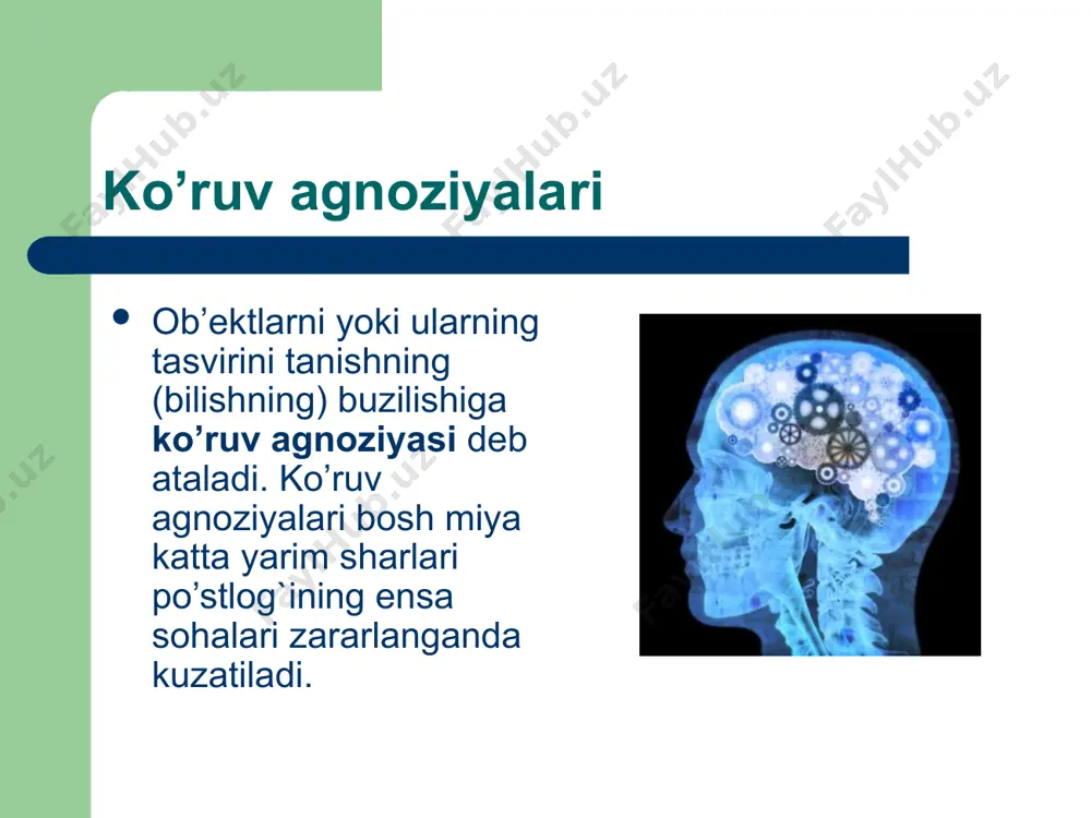 lishini aniqlagan. shuningdek, u afaziyalarda agrafiyaning o’ziga xos xususiyatlarini o’rgangan. apraksiya apraksiya – maqsadga yo’naltirilgan ixtiyoriy harakatlarni bajara olmaslikdir. qo’llarda falajlik bo’lmasa-da, bemor turli narsalar bilan bajariladigan harakatlarning uddasidan chiqa olmaydi. masalan, bemor gugurt qutilaridan uychalar, gugurt cho’plaridan kvadrat, romb, uchburchak yasay olmaydi. kiyinish, tugmasini taqish, ovqatni qoshiqda og`zigacha olib kelish kabi maqsadga yo’naltirilgan oddiy harakatlarni bajara olmaydi. apraksiyaning tasnifi 1905-yili x. lipmann tomonidan taklif qilingan bo’lib, hozirgi kungacha o’z kuchini yo’qotgani yo’q. u apraksiyaning uchta turini ajratgan: 1) ideator apraksiya – harakat to’g`risidagi g`oyaning buzilishi, parchalanishi; 2) kinetik apraksiya – harakat kinetik tasavvurining buzilishi; 3) ideomotor apraksiya – harakat haqidagi «g`oyani», maqsadni, «harakatni bajarish» markaziga uzatishning buzilishi. image1.jpeg image2.jpeg image3.jpeg image4.jpeg image5.jpeg image6.jpeg image7.jpeg image8.jpeg image9.jpeg image10.jpeg