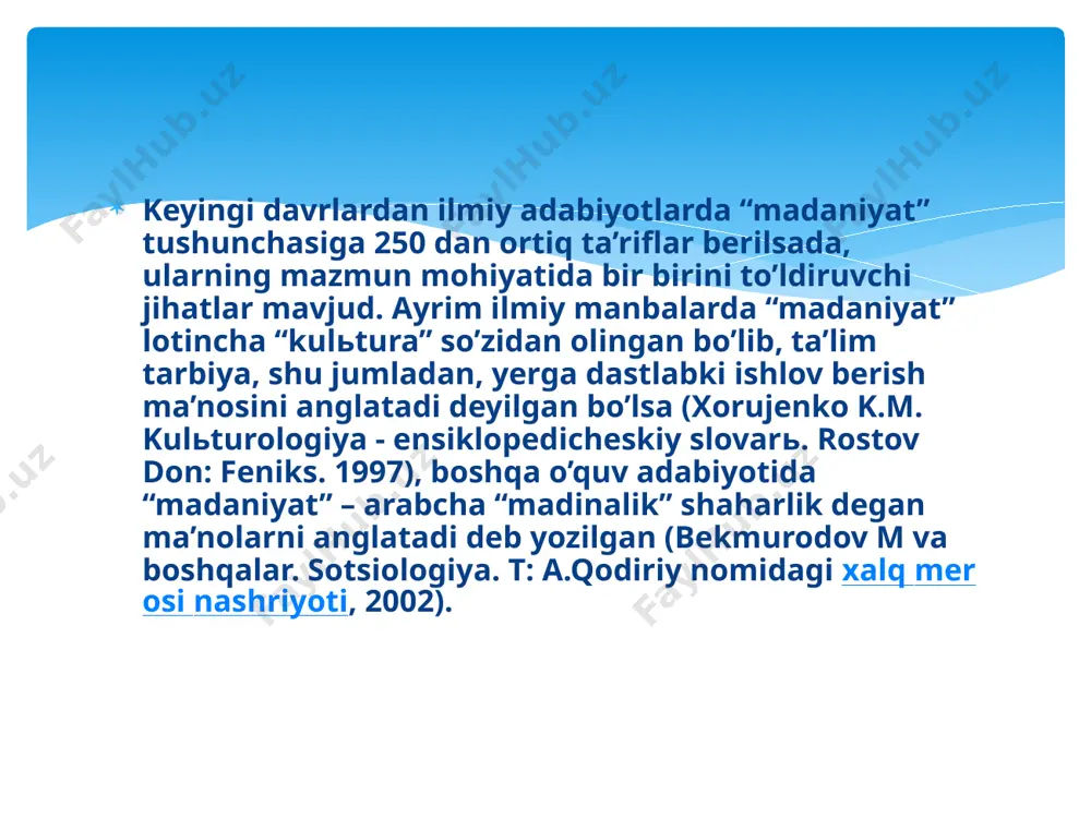 ng ishlatilgan davridir. bu davr miloddan avvalgi 4–3 mingyilliklarni o’z ichiga oladi. bu davrning asosiy yangiliklari – ona urug’chilik davri o’zining yuqori cho’qqisiga chiqqan davr bo’ldi. shuningdek, xom g’ishtdan ko’p xonali uylar uylar qurilgan va markaziy osiyoning janubida sug’orma dehqonchilik vujudga keldi. eneolit davri: bronza davri: bronza davri markaziy osiyoda mill. avv. 3-mingyillikdan boshlandi va 2-mingyillikda o’zining yuqori rivojini topdi. xulosa o’rnida aytish mumkinki, inson o’zining aqlu zakovati va tafakkuri orqali yuksak rivojlanish darajasiga yetib kelgan. aynan bizning hududimizda insoniyatning sivilizatsion taraqqiyoti ko’plab tarixchi olimlarimiz tomonidan o’rganilib isbotlab berilgan. inson o’zining ongi orqali biologik mavjudotdan ijtimoiy mavjudotga aylana oldi (homo habilisdan homo sapiyensga), hayvonot dunyosiga ajralib chiqdi. hududimizda qadimgi davrlardan boshlab chorvachilik, dehqonlichilik, bog’dorchilik, polizchilik, savdo va hunarmandchilik madaniyatlari tarkib topdi. bu yerda yashagan eng qadimgi odamlar ham yaratuvchanlikni o’zida mujassam etgan. xulosa: bajardi: xamidov d. tekshirdi: norov t. e’tiboringiz uchun rahmat! image2.png image3.png image4.jpeg image5.jpg image6.jpg image7.jpg image8.jpg /docprops/thumbnail.jpeg