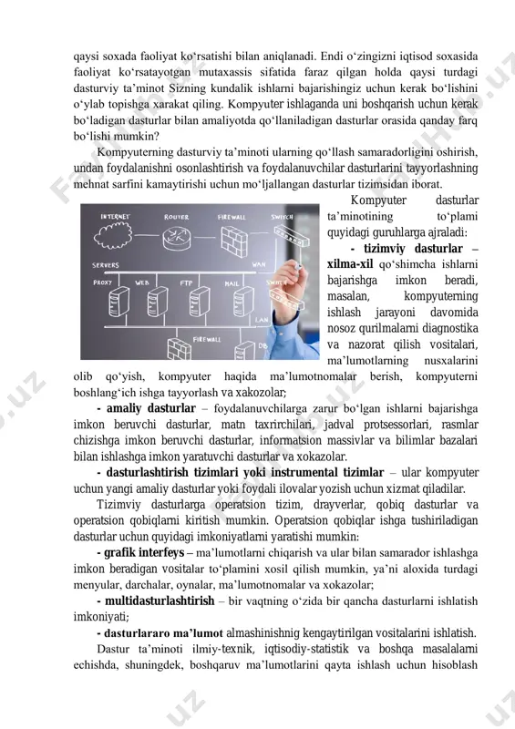 asturlar mavjud boʻlmasa kompyuter bilan muloqot qanday ravishda oʻzgaradi? bunday turdagi dasturlarni qanday asosiy guruhlarga ajratgan boʻlar edingiz? kompyuterdan foydalanish samaradorligini oshirishga, uni ishlatishni engillatishga va foydalanuvchilar dasturlarini tayyorlashni osonlashtirishga moʻljallangan dastur vositalari kompleksiga dastur ta’minoti tizimsi (pts) deb yuritiladi. kompyuterning pts oʻz ichiga turli xil dasturlar toʻplamini oladi (3.1 rasm). dasturlashni avtomatlashtirish tizimsi (pas) foydalanuvchilar dasturlarini yaratish jarayonini engillashtirish va avtomatlashtirishga moʻljallangan boʻlib pts ning bir qismi hisoblanadi. rivojlangan paslar dasturlashtirish tillari, translyatorlar va sozlash dasturlarini oʻz ichiga oladi. sozlash dasturlari tuzilgan dasturlar ishining toʻgʻriligini tekshirish va xatolarni topish uchun ishlatiladi. kompyuterda masalalarni echish jarayonini ta’minlash va uni osonlashtirish uchun operatsion tizim deb ataluvchi dasturlar kompleksi ishlatilib, u boshqaruvchi va qayta ishlovchi dasturlar guruhidan iborat. boshqaruvchi dasturlar kompyuter qurilmalari ishini boshqaradi, ya’ni kompyuter qurilmalari ishini, kiritish, tayyorlash va boshqa dasturlarning bajarilishini tashkil qiladi va boshqaradi. qayta ishlovchi dasturlar ma’lumotni qayta ishlash bilan bogʻliq yangi dasturlarni ehmda ishga tushirib, masalalarni …