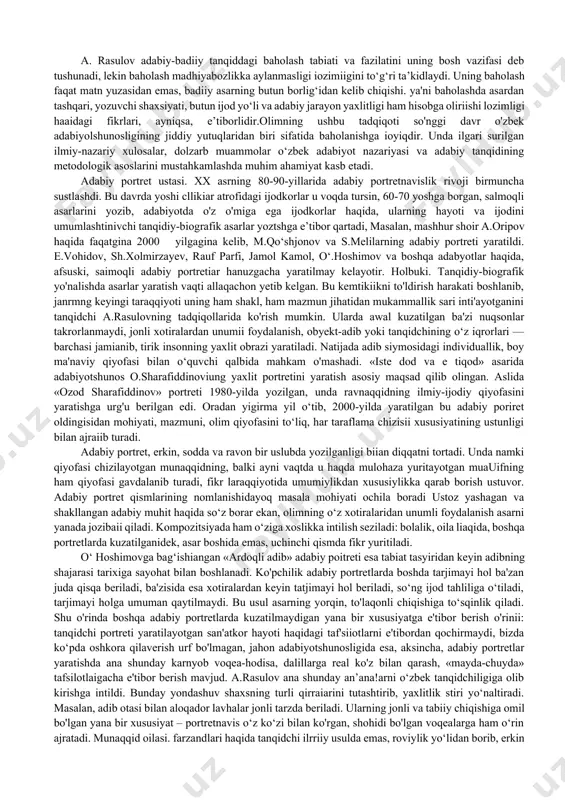 asari shu adib ijodida qanday o‘rin tutishini belgilay oladi. ijni adabiy jarayondagi shu xildagi boshqa asarlarbilan qiyoslagandagina asarning milliy adabiyotimizdagi o‘rnini ko‘rsatib berish imkoni tug'iladi. a. rasulov ana shu imkoniyatlaming mohir ustasi ekani uning devarli har bir taqr zidan yaqqol sezilib turadi. [1: bottaboyev h. tanqidning tadqiqiy yo‘li / adabsyotga sadoqat. - t.: 2007. 35-bct. ] tanqid nazariyasi sohasidagi tadqiqotlar. olimning “tanqidchilik ufqlari” (1985) nomli adabiy-tanqidiy maqolalar to'plamida xx asming 70-yillarida faoliyat yuritgan munaqqidlar hamda tanqidchilik nazariyasi haqidagi atroflicha qarashlar e’tiborni tortadi. u adabiy tanqid muammolarini adabiyotshunoslik. badiiy ijod, falsafa, estetika bilan murtahkam aloqadorlikda tekshiradi va tafakkur yo‘siniga ko'ra uning o‘ziga xos mustaqil xislatlarini ochib bcradi. a.rasulovning «ilmi g‘aribani qo msab...» nomli mo'jazgina risolasi o'zbek adabiyotshunosligida hali o'rganilmagan muammolanii, ayniqsa, mumtoz adabiyotshunoslikdagi tanqidiy tafakkurning xoslik- larini, talqin masalasidagi mumtoz nazokatlarni o'rgamshga qaratilgan. ilmi g‘ariba kitobxonni hayratga solish darajasida tasvirlash, san'atini tushunish, his qilish ilmidir. sharq mutafakkirlari so'z san'atida ifodalangan ichki …