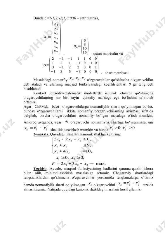 аlаng: a). b). c). d). k). 2. quyidagi chegaraviy shartlarni qanoatlantiruvchi nuqtalar to‘plami qavariq to‘plam bo‘ladimi? a).. b). c). d). k). 6. 3. koordinatalari quyidagi chiziqli tengsizliklarni qanoatlantiruvchi nuqtalardan iborat qavariq to‘plamni tekislikda tasvirlang va burchak nuqtalarini ko‘rsating. a). b). c). d). k). l). 4. va nuqtalarning chiziqli kombinatsiyasidan iborat ixtiyoriy to‘rtta nuqtani toping. 5. va nuqtalarning chiziqli kombinatsiyasidan iborat ixtiyoriy to‘rtta nuqtani toping. 6. va nuqtalarning chiziqli kombinatsiyasidan iborat ixtiyoriy ikkita nuqtani toping. 7. , va nuqtalarning chiziqli kombinatsiyasidan iborat ixtiyoriy ikkita nuqtani toping. oleobject3.bin image4.wmf oleobject4.bin image5.wmf oleobject5.bin image6.wmf oleobject6.bin image7.wmf oleobject7.bin image8.wmf oleobject8.bin image9.wmf oleobject9.bin image10.wmf oleobject10.bin image11.wmf oleobject11.bin image12.wmf oleobject12.bin image13.wmf oleobject13.bin image14.wmf oleobject14.bin image15.wmf oleobject15.bin image16.wmf oleobject16.bin image17.wmf oleobject17.bin image18.wmf oleobject18.bin image19.wmf oleobject19.bin image20.wmf oleobject20.bin image21.wmf oleobject21.bin image22.wmf oleobject22.bin image23.wmf image1.wmf oleobject23.bin image24.wmf oleobject24.bin image25.wmf oleobject25.bin image26.wmf oleobject26.bin image27.wmf oleobject27.bin image28.wmf oleobject1.bin oleobject28.bin image29.wmf oleobject29.bin image30.wmf oleobject30.bin image31.wmf oleobject31.bin image32.wmf oleobject32.bin image33.wmf image2.wmf oleobject33.bin image34.wmf …