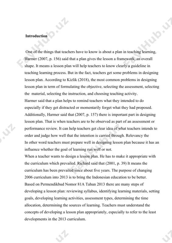 crete results of investigation. special emphasis is laid on various types of methods that a used for teaching lesson components. the aim of this research paper is to study specific features of selecting ways analysis lesson components. the object of of the research is following: to develop the students' insight into the structure of lesson components; to enhance teaching lesson plan through interactive and innovative ways; to enable the students to assimilate the correct patterns of lesson. the subject is analysis lesson based on components. the novelity of the work is to identify how to teach lesson components with new and innovative ways to young learners the sources of the research paper while investigating the given research work are the works of some scientists, famous teachers and the internet web-sites which are given in the references that follows the conclusion. the structure of the work the given course paper consists …