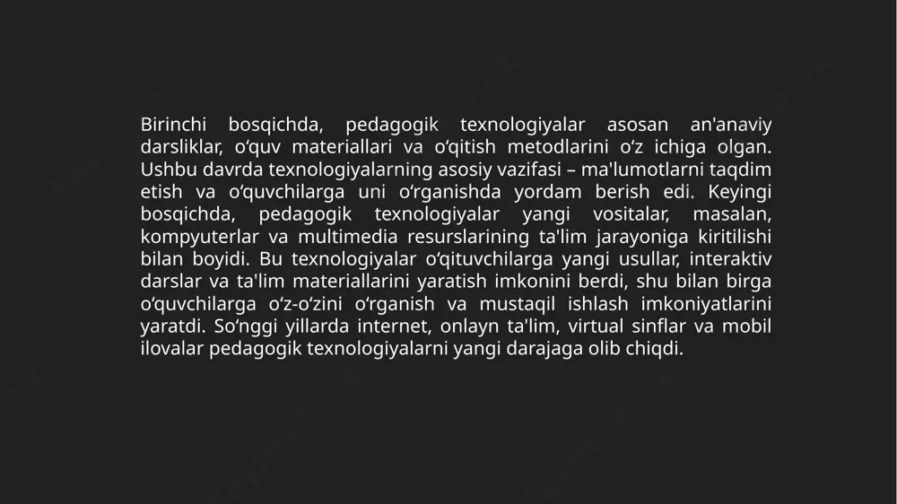 ajalari, o‘rganish usullari va qiziqishlariga mos kelishi kerak. shaxsiylashtirilgan ta'lim usullari, o‘quvchilarga o‘z qiziqishlariga mos materiallar va darslarni taqdim etish orqali ularga yanada samarali o‘qish imkonini yaratadi. o‘quvchilarning individual ehtiyojlariga moslashgan texnologiyalar samaradorlikni oshiradi va o‘rganish jarayonini ko‘proq qiziqarli va foydali qiladi. etiboringiz uchun rahmat! image2.jpeg image3.png image4.png /docprops/thumbnail.jpeg