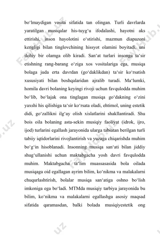 iqa san‘ati bilan jiddiy shug‘ullanishi uchun maktabgacha yosh davri favqulodda muhim. maktabgacha ta‘lim muassasasida bola oilada musiqaga oid egallagan ayrim bilim, ko‘nikma va malakalarni chuqurlashtirish, bolalar musiqa san‘atiga oshno bo‘lish imkoniga ega bo‘ladi. mtmda musiqiy tarbiya jarayonida bu bilim, ko‘nikma va malakalarni egallashga asosiy maqsad sifatida qaramasdan, balki bolada musiqiyestetik ong elementlarini shakllantirish orqali uning qiziqishlarini ehtiyoj darajasiga olib chiqishga ko‘maklashishi lozim. musiqiy-estetik faoliyat davomida musiqiy-estetik ong shakllangan bo‘lsa, bu bolaning keyingi rivojida, uning umumiy ma‘naviy kamolotida aks etmasdan qolmaydi. shuningdek, mtmda bola hislari, qiziqish va didini rivojlantirish bilan bilan bir qatorda uni musiqa madaniyatiga oshno qilish, estetik idrok, musiqiy va poetik eshitishni, tabiat, musiqiy va tasviriy san‘at asarlari go‘zalliklarini idrok qilish qobiliyatini rivojlantiradi, tasavvurni, hissiy reaksiyalarni faollashtiradi. mtmda musiqiy tarbiya bilan shug‘ullanganda bolaning umumiy rivojlanishini yoddan chiqarmaslik lozim. bu yoshdagi bolalar insonning real hayotda mavjud kechinmalari haqida u qadar ko‘p tasavvurga ega emas, inson hissiyotlari va uning barcha qirralarini …