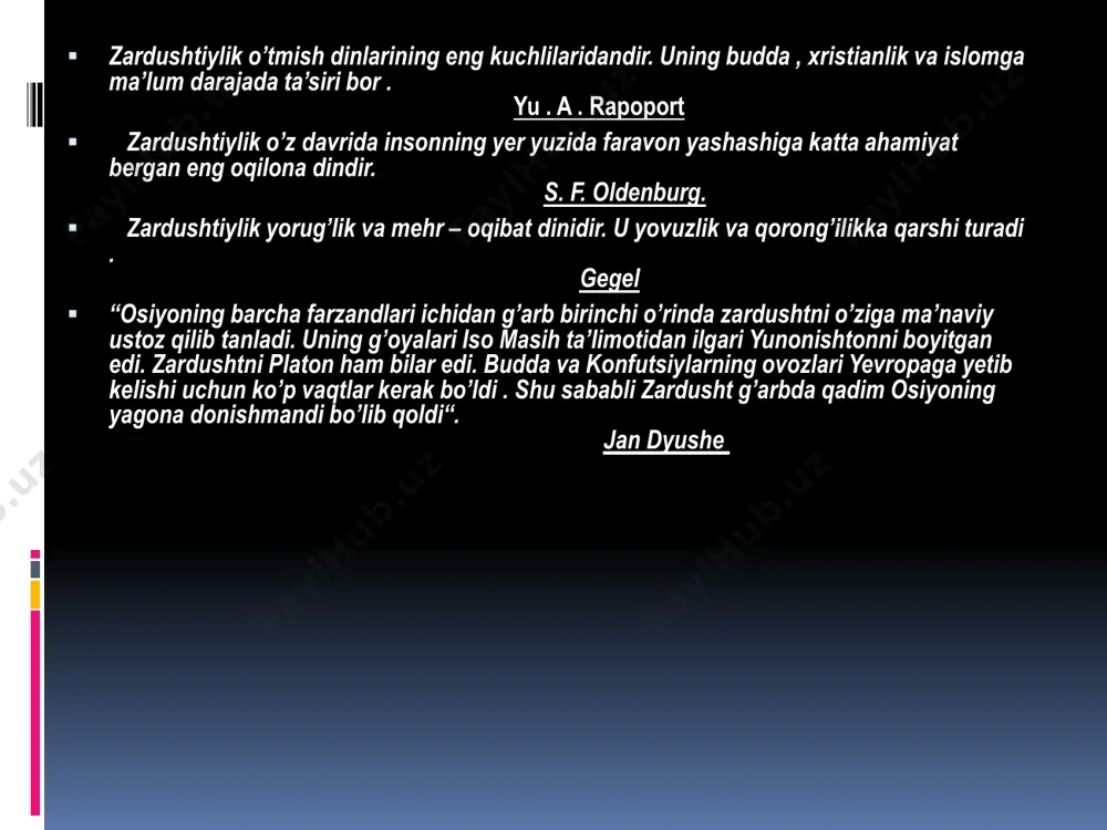 adilar. shuning uchun ham “avesto” ning 3/5 qismi yo’qolib ketdi. lekin, iskandar falsafa, tibbiyot, astronomiyaga tegishli qismini saqlab qolgan. bu qo’lyozmalardan keng foydalanilgan va uni yunon tiliga tarjima qildirgan. "tiriklikka darmon baxsh etguvchi malhamni menga oshkor aylagil. izn bergil, ilohiy kalom va ezgu niyat sening irodangni muvofiq istagan kimsaga yuz ko'rsatsin". yasna iskandarning hukmronligi tugagach, m.a 250-yilda arshaxiylar davrida “avesto” yana yo’qotilgan qismlari tiklangan va yangi matnlar bilan to’ldirilgan. bu voqea eramizdan avvalgi iii asrida sosoniylar podshosi shopur davriga kelib, to’la kitob holiga keltirilgan. eron va turon zaminining arab xalifaligi tomonidan bosib olinganligi sababdan zardushtiylik dini ta’qibga olindi va islom dinini joriy etishga kirishildi. islom dinini qabul qilmaganlar hindistonga qochib ketib shu yerda jon saqlaganlar. ular “avesto”ning bir qismini saqlab kelmoqdalar. “avesto”ning arab tilidagi nusxasi bu kitob birinchi bora 30 ta kitobdan,keyin 21 ta kitobdan iborat edi. bizgacha bu kitobning 4 tasi saqlanib qolgan. bu kitoblar quyidagilar:  “vadovdot” (vendidat). …
