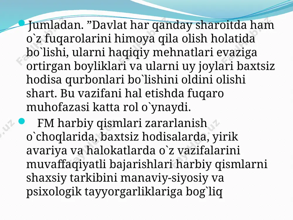 garlikka o’qitish asosan nechaga bo’linadi a) 2. ga b) 3.ga c) 4.ga image2.png image3.emf image4.emf image5.emf image6.emf image7.emf image8.emf   shaxsiy tarkibning tayyorgarligi tarbiya va o shaxsiy tarkibning tayyorgarligi tarbiya va o ’ ’ qitish qitish jariyonida, uning barcha shakl va usullarini qo jariyonida, uning barcha shakl va usullarini qo ’ ’ lla lla - - gan holda amalga oshiriladi. uning muhim vazifa gan holda amalga oshiriladi. uning muhim vazifa - - laridan biri shaxsiy tarkibga va tizimlar sardorlariga laridan biri shaxsiy tarkibga va tizimlar sardorlariga ruhiy chiniqish, irodasini mustaxkamlashga bo ruhiy chiniqish, irodasini mustaxkamlashga bo ’ ’ lgan lgan intilishni singdirishdan iborat. shaxsiy tarkib bun intilishni singdirishdan iborat. shaxsiy tarkib bun - - day chiniqish fuqaro muhofazasi bo day chiniqish fuqaro muhofazasi bo ’ ’ yicha vazifa yicha vazifa - - larni muvaffaqiyatli amalga oshirishda ko larni muvaffaqiyatli amalga oshirishda ko ’ ’ mak mak - - dosh …