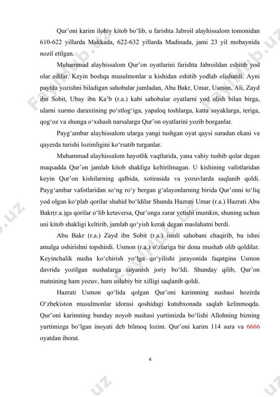 an inoyati deb bilmoq lozim. qur’oni karim 114 sura va 6666 oyatdan iborat. mustaqillik sharofati bilan dinga berilgan erkinlik tufayli turli marosimlarimiz qur’oni karim tilovatlari bilan boshlanmoqda. bu о‘tmishda bir orzu edi, xolos. ilohiyotda islom dini uch elementdan – iymon, islom, ehsondan iborat deb etirof etilgan. iymon talablari 7 ta aqidani – allohga, farishtalarga, muqaddas kitoblarga, payg‘ambarlarga, oxirat kuniga, taqdirning ilohiyligiga va о‘lgandan keyin tirilishga ishonish talablarini о‘z ichiga oladi. islom talablariga, ya’ni din asoslari – arkon ad-din deb nom olgan 5 ta amaliy marosimchilik talablari kiradi. bular – kalima keltirish, namoz о‘qish, rо‘za tutish, zakot berish va imkoniyati topilsa haj qilish talablari. ehson aqidalarga sidqidildan ishonish va marosimlarni ado etishdir. islomning kishilar ongi va turmush tarziga ta’sir etishi, ular hayotidan mustahkam о‘rin olishini ta’minlovchi diniy marosimchilik – xatna, ramazon hayiti, qurbonlik va qurbon hayiti, mavlud, ashuro va boshqalar ham shakllangan. bundan tashqari, mahalliy halqlarda islomgacha mavjud bо‘lgan urf-odatlar, jumladan …