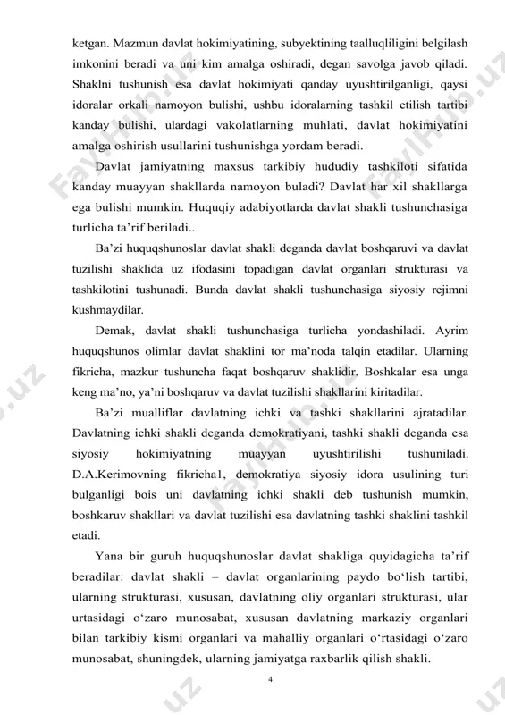 i shaklini tashkil etadi. yana bir guruh huquqshunoslar davlat shakliga quyidagicha ta’rif beradilar: davlat shakli – davlat organlarining paydo bo‘lish tartibi, ularning strukturasi, xususan, davlatning oliy organlari strukturasi, ular urtasidagi o‘zaro munosabat, xususan davlatning markaziy organlari bilan tarkibiy kismi organlari va mahalliy organlari o‘rtasidagi o‘zaro munosabat, shuningdek, ularning jamiyatga raxbarlik qilish shakli. bu ta’rif uzun bo‘lsa ham, unda davlat shakli tushunchasining mazmunini ochib berishga harakat qilingan. qisqacha so‘z bilan aytganda, davlat shakli – davlat hokimiyatining tuzilish shaklidir. davlat shakliga, shuningdek, mamlakatning taraqqiyot darajasi, uning madaniyati mamlakatda tarkib topgan tarixiy an’analar, urf-odatlar ham ta’sir kursatadi. masalan, angliyada davlat shakllari o‘rta asrlarda tarkib topgan bo‘lib, ular hozirgi kunga qadar hurmat qilinmoqda. tabiiyki, gap davlat hokimiyatining tuzilish shakllari xakida borar ekan, bunda ham boshqaruv shakli, ham davlat tuzilishi shakli, ham siyosiy rejim tushuniladi. siyosiy rejimni davlat shaklining asosiy, ichki tomoni deyish mumkin. davlatning siyosiy rejimi bilan uning shakli boshqa-boshqa narsa. yuridik adabiyotlarda siyosiy …