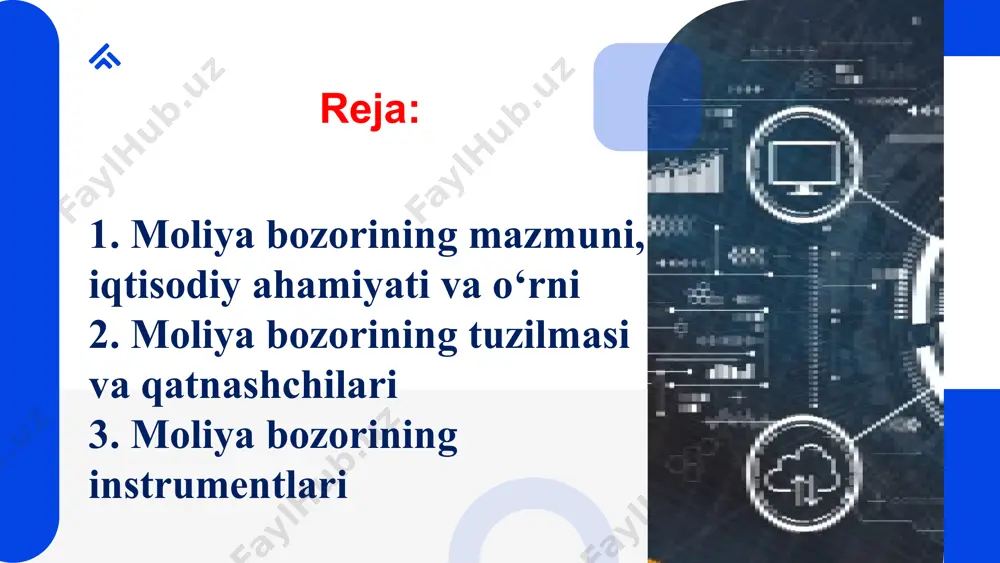 i ajratilgan: - kredit bozori; (bank va boshqa kredit tashkilotlari kapitallari, lizing) - qimmatli qog'ozlar bozori (yoki fond bozori); - valyuta bozori; - sug'urta bozori; -oltin va valyutada ifodalangan (unga tenglashtirilgan) avuarlar avuarlar (frans. avoir – mulk) – 1) bankning toʻlovlar toʻlanadigan va majburiyatlar qoplanadigan mablagʻlari (chek, veksel, pul oʻtkazmalari, akkre-ditivlar, qimmatbaho qogʻozlar, oltin, chet el valyutasidagi pul vositalari); 2) banklarning xorijiy mamlakat banklarida saqlanayotgan chet el valyutasidagi mablagʻlari (qimmatbaho metall va toshlar, kamyob elementlar, san’at asarlari va h.k.) bozori; kredit bozori ishlab chiqarish va savdoning o'sishiga, mamlakat ichidagi kapitalning harakatlanishiga, pul mablag'larining tejalishini investitsiyalarga aylantirishga, ilmiy-texnik inqilobni amalga oshirishga va asosiy kapitalning yangilanishiga yordam beradi. kredit bozorining iqtisodiy roli uning kapitalni barcha kapitalizatsiyasi (kapitalizatsiya deganda korporatsiya aktsiyalari, uzoq muddatli qarzlari va taqsimlanmagan foydalari yig'indisi tushuniladi.) manfaatlariga ko'ra kichik, nomutanosib mablag'larni birlashtirish qobiliyatidir. bu bozorga ishlab chiqarish va kapitalning kontsentratsiyasi va markazlashuviga faol ta'sir ko'rsatishga imkon beradi. moliyaviy bozor segmentlari …
