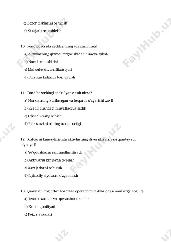usuli nima? a) kredit oluvchilarning kredit tarixini tekshirish b) kredit hajmini oshirish c) bozor ulushini oshirish d) xodimlar samaradorligini oshirish 23. bank likvidligi qanday omillarga bog‘liq? a) bankning aktiv va passiv balanslash qobiliyati b) kreditlar foizi c) bozor ulushi d) yangi mijozlar jalb qilish 24. bank risklarini kamaytirish uchun qanday choralar ko‘riladi? a) kredit riskini kamaytirish va aktivlarni diversifikatsiya qilish b) foiz stavkalarini oshirish c) omonatlarni kamaytirish d) bank xodimlarini qisqartirish 25. bankda kapital yetarliligi nima uchun muhim? a) bankning xavflarga bardosh berish qobiliyatini ta’minlash uchun b) foydani oshirish uchun c) kredit hajmini kamaytirish uchun d) bank omonatlarini ko‘paytirish uchun