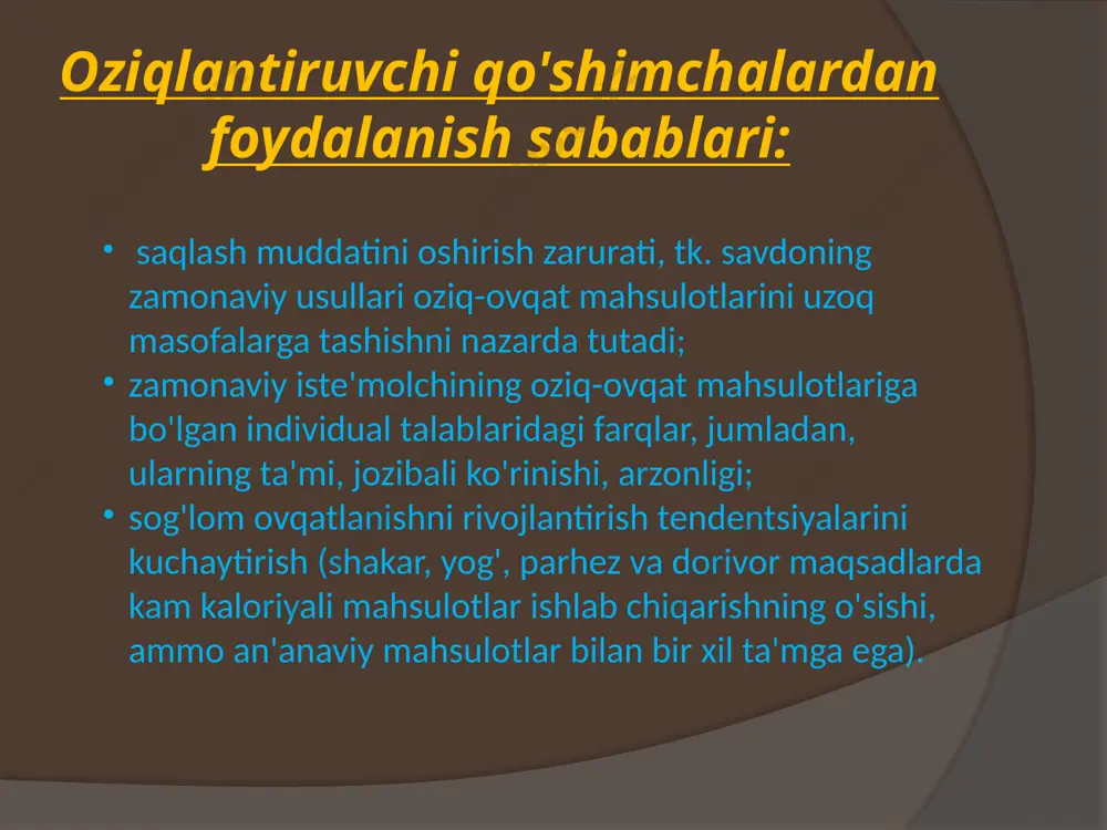 ); mahsulotlarning tashqi ko'rinishini yaxshilash (polishing agentlari); ekstraktsiyani takomillashtirish (yangi turdagi ekstraktiv moddalar); alohida oziq-ovqat mahsulotlarini ishlab chiqarishda mustaqil texnologik masalalarni hal qilish. oziq-ovqat qo'shimchalarining texnologik ahamiyati oziq-ovqat qo'shimchalarining umumiy sonidan texnologik qo'shimchalarning mustaqil guruhini tanlash juda shartli, chunki ba'zi hollarda texnologik jarayonning o'zi ularsiz mumkin emas. bunga asosan yordamchi materiallar bo'lgan ekstraktorlar va yog'larni gidrogenlash katalizatorlari misol bo'la oladi. ular texnologik jarayonni takomillashtirish emas, balki uni amalga oshirish, imkon yaratish. shuni esda tutish kerakki, oziq-ovqat qo'shimchalarining tasnifi funktsiyalarni aniqlashni nazarda tutadi va ko'pchilik qayta ishlash qo'shimchalarida ularga ega. oziq-ovqat qo'shimchalarining texnologik ahamiyati oziq-ovqat qo'shimchalarining aksariyati, qoida tariqasida, ozuqaviy ahamiyatga ega emas, chunki ular inson tanasi uchun plastik material emas, garchi ba'zi qo'shimchalar biologik faol moddalardir. oziq-ovqat qo'shimchalaridan foydalanish, har qanday xorijiy (odatda yeyilmaydigan) oziq-ovqat tarkibiy qismlari kabi, qat'iy tartibga solish va maxsus nazoratni talab qiladi. oziq-ovqat qo'shimchalarini tizimli toksikologik va gigienik tadqiqotlarni tashkil etish va o'tkazish bo'yicha xalqaro tajriba …