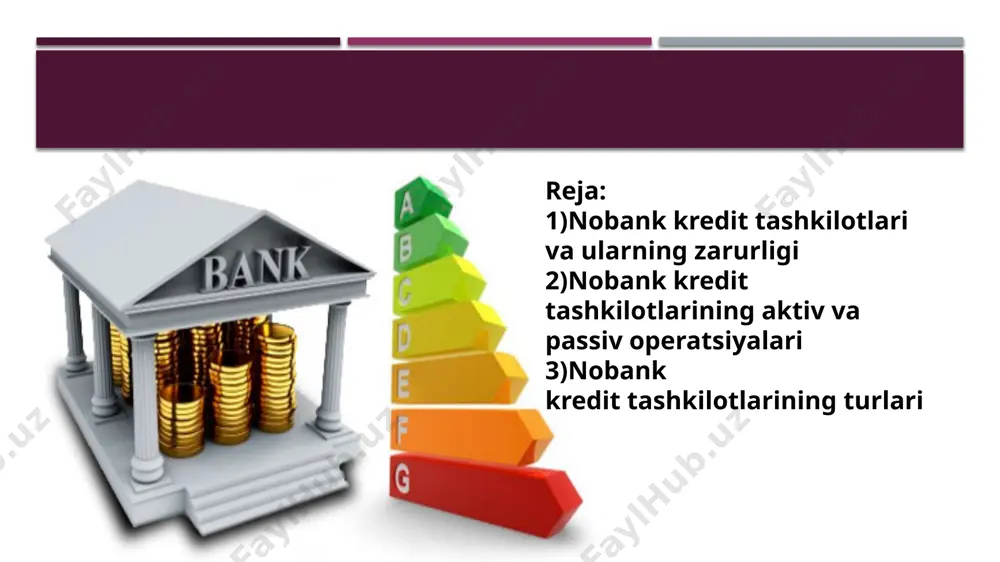 rtasida to`lov instirumentlari bo`yicha o`zaro hisob-kitioblarni amalga oshiradi. nobank kredit tashkilotlari faoliyatidagi quyidagi xos xususiyatlariga ega: nobank kredit tashkilotlari faqat alohida olingan bank operatsiyalarini amalga oshirdi. nobank kredit tashkilotlari faoliyati tor doirada ixtisoslashgan bo`ladi. bu ularni raqobatbardoshligini ta`minlash imkoniyatini beradi. chunki nobank kredit tashkilotlari bitta sohada sifatli va arzon bitta mahsulot yarata oladi. nobank kredit tashkilotlari faoliyati past riskli hisoblanadi. nobank kredit tashkilotlari faoliyati markaziy bank tomonidan tijorat banklari faoliyati kabi qattiq nazorat qilinmaydi nobank kredit tashkilotlarining resurs bazasi quyidagi manbalardan tashkil topadi: a)ustav kapitali b)boshqa tashkilotlarga berilgan moliyaviy yordam c)o`zining a`zolaridan jalb qilingan pul mablag’lari d)tijorat banklarining kreditlari e)sof foyda f)foyda hisobidan shakllantirilgan zaxiralar g)o`tgan yillarning taqsimlanmagan foydasi nobank kredit tashkilotlarining aktiv operatsiyalari ularning faoliyati yo`nalishlariga mos ravishda shakllanadi. masalan: kredit uyushmalari o`zlariga a`zo bo;lgaan subektlarni kreditlash maqsadida tashkil etiladi. shu sababli kredit uyushmalari bitta aktiv operatsiyaga ega. u ham bo`lsa kredit operatsiyasidir. nobank kredit tashkilotlarining aktiv operatsiyalari. ixtisoslashtirilgan …