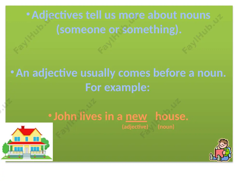 more quiet cleverer or more clever narrower or more narrow simpler or more simple commoner or more common we use the comparative form of adjectives to compare one person, thing, etc. with another. red house is bigger than blue house comparative + than we use than after the comparative we use –est, -st or –iest to form the superlative of one-syllable adjectives. old older the oldest large larger the largest happy happier the happiest wet wetter the wettest late later the latest we use most to form the superlative of adjectives that have two or more syllables comfortable the most comfortable interesting the most interesting important the most important beautiful the most beautiful famous the most famous we use the superlative form of the adjective to compare three or more people, things, etc. the + superlative we use the before the superlative he is the happiest man in the world. …