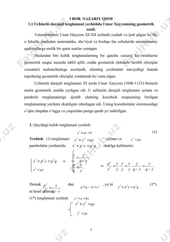 igan qilib tanlaymiz, bunda larning birortasini parametr deb olish kerak. natijada (d) ga asosan (**) tenglama (e) ko’rinishga keladi. (e) tenglamadan muavrning ikkinchi formulasiga ko`ra ildiz chiqarsak uchinchi darajali ildizdan larni topamiz. endi (f) almashtirishga asosan yi (i=1,2,3) larni qiymatlarini qo’ysak uchta kvadrat tenglama hosil bo`ladi. bu kvadrat tenglamani yechamiz, bu erda lar (d) dan aniqlanadi. oxirgi (f) ni kvadrat tenglama sifatida yechamiz. u holda: noma’lumlarni topgan bo’lamiz. shunday qilib x0=1, x1, x2 yechimlar topilgan bo’ladi, ya’ni (2) tenglamaning yechimlari hosil bo’ladi. misol 1. bu misolni yechish uchun deb yozamiz alashtirishni olamiz. u holda ifodalarni hosil qilamiz va tenglamalar sistemasini quyidagi ko`rinishda yozamiz bu tenglamalar sistemasidan quyidagi determinantni tuzamiz bu determinantdan (**) uchinchi darajali tenglamani hosil qilamiz. endi (**) tenglamani koeffitsentlarini aniqlaymiz. endi (d) shartga e’tibor beramiz. ekanligidan , va bundan kelib chiqadi. endi ni hisoblaymiz. bu ning qiymatiga asosan (e) tenglamani tuzamiz. bundan hosil qilamiz. a+bi- kompleks sondan ildiz …
