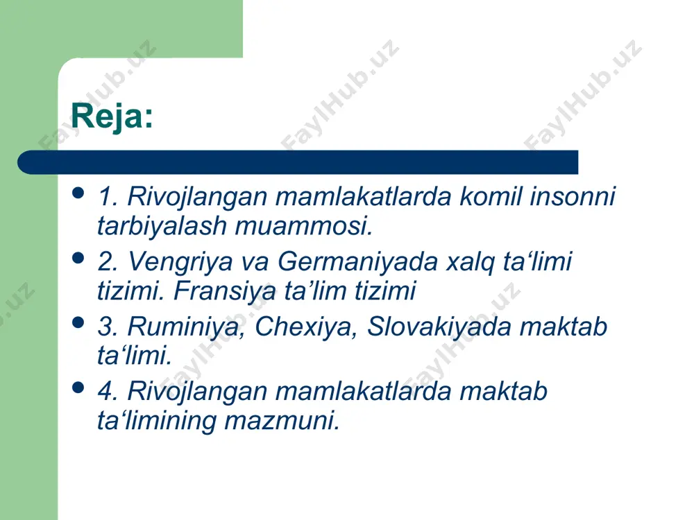 gi maktabda o’tadilar. bu yerda 5-6 sinf bosqichidagi yo’nalish maktablarda maxsus dastur asosida o’qiydilar. germaniyada o’quv rejasida i sinfga 21 soat, ii sinfga 24 soat, iii sinfga 26 soat (nemis tili, vatanshunoslik, matematika, mehnat, maktab qoshidagi uchastkada ishlash, rasm, musiqa, jismoniy tarbiya) ajratilgan. chexoslavakiyada o’quv rejasida i sinfga - 20 soat, ii sinfga - 22 soat, iii sinfga – 24 soat, iv sinfga – 24 soat ajratilgan. bolalar maktabga qabul qilinishidan oldin tibbiy ko’rikdan o’tkaziladi. ko’p mamlakatlarda 1-2 yillarda sinfda qoldirilmaydi. kuni uzaytirilgan guruhlarda o’quvchilarning 60-70 % i qamrab olingan. hozirgi kunda pedagogik texnologiyaga asoslangan yangi o’quv dasturlari va rejalari joriy etilmoqda. ta‘lim jarayoniga axborot texnologiyalari keng miqyosda kirib borayotir. vengriya va germaniyada xalq ta‘limi tizimi bolalar bog’chalari – 3-6 yoshli bolalarning bir qismini qamrab olgan (70 %). bog’chalarga qatnamaydigan bolalar maktabga borishdan 6 oy oldin tayyorlov mashg’ulotlariga jalb etiladi. bog’chalardagi mashg’ulotlar aholining ish rejimiga bog’liq holda tashkil etiladi. umumiy …