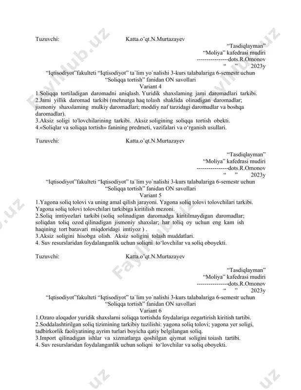 esurslaridan foydalanganlik uchun soliqni to‘lovchilar va soliq oboyekti. tuzuvchi: katta.o’qt.n.murtazayev “tasdiqlayman” “moliya” kafedrasi mudiri ----------------dots.r.omonov “ ” 2023y “iqtisodiyot”fakulteti “iqtisodiyot” ta`lim yo`nalishi 3-kurs talabalariga 6-semestr uchun “soliqqa tortish” fanidan on savollari variant 4 1.soliqqa tortiladigan daromadni aniqlash. yuridik shaxslaming jami daromadlari tarkibi. 2.jami yillik daromad tarkibi (mehnatga haq tolash shaklida olinadigan daromadlar; jismoniy shaxslaming mulkiy daromadlari; moddiy naf tarzidagi daromadlar va boshqa daromadlar). 3.aksiz soligi to'lovchilarining tarkibi. aksiz soligining soliqqa tortish obekti. 4.«soliqlar va soliqqa tortish» fanining predmeti, vazifalari va o‘rganish usullari. tuzuvchi: katta.o’qt.n.murtazayev “tasdiqlayman” “moliya” kafedrasi mudiri ----------------dots.r.omonov “ ” 2023y “iqtisodiyot”fakulteti “iqtisodiyot” ta`lim yo`nalishi 3-kurs talabalariga 6-semestr uchun “soliqqa tortish” fanidan on savollari variant 5 1.yagona soliq tolovi va uning amal qilish jarayoni. yagona soliq tolovi tolovchilari tarkibi. yagona soliq tolovi tolovchilari tarkibiga kiritilish mezoni. 2.soliq imtiyozlari tarkibi (soliq solinadigan daromadga kiritilmaydigan daromadlar; soliqdan toliq ozod qilinadigan jismoniy shaxslar; har toliq oy uchun eng kam ish haqining tort …