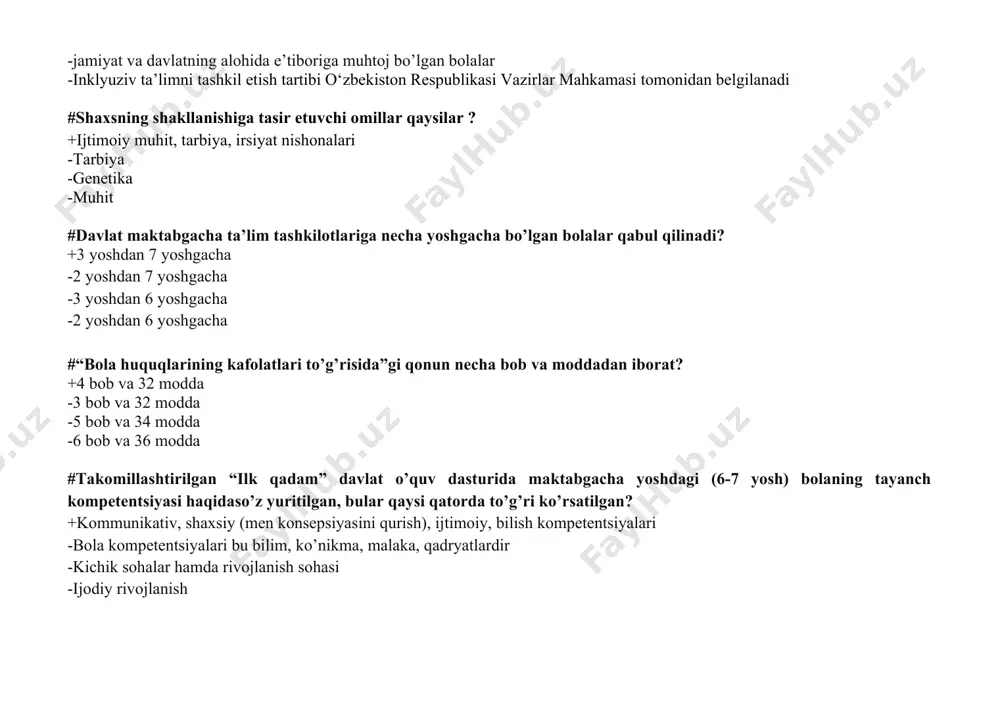 ayta tashkil etish, tugatish, ularga tegishli yer uchastkalari va ko’chmas mulkni olib qo’yish faqat ......... bilan kelishilgan holda amalga oshiriladi? +faqat maktabgacha ta’lim vazirligi -mahalliy hokimiyat -maktabgacha ta’lim vazirligi bilan kelishgan holda hokimyat -vazirlar mahkamasining qarori bilan #sensor so'zi nimani anglatadi? +sezgi, tuyg'u, sezish qobilyati, idrik -so'zlash , tekshirish -ko'rsatish , tushuntirish -mujasamlashtirish, sezish qobilyati #ijodiy o'yin turlarini belgilang ? +syujetli -rolli o'yinlar , sahnalashtirilgan o'yinlar , qurilish va yasashga doir o'yinlar -didaktik o'yinlar , syujetli o'yinlar -harakatli o'yinlar , musiqiy o'yinlar -didaktik o'yinlar , qurish va shashga doir o'yinlar #“ta’lim to’g’risida”gi qonunning nechanchi moddasi maktabgacha ta’lim haqida? +8-modda -10-modda -11-modda -9-modda #o’zbekiston respublikasining ”maktabgacha ta’lim va tarbiya to’g’risida”gi qonuni 2- bobi ko‘rsatilgan javobni belgilang +maktabgacha ta’lim va tarbiya sohasini tartibga solish -maktabgacha ta’lim va tarbiya tizimi. maktabgacha ta’lim tashkilotlarining turlari -maktabgacha ta’lim tashkilotlarining faoliyatini tashkil etish -maktabgacha ta’lim tashkilotlarida ta’lim-tarbiya jarayonini tashkil etish #maktabgacha ta’lim muasasalarida o’quv tarbiyaviy jarayon …