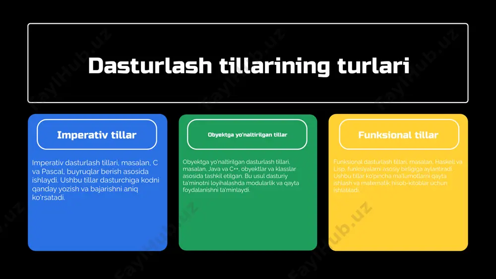 e’tibor talab qiladi. dasturlash tillari o‘rtasidagi tanlovlar har doim ham aniq emas, bu esa muayyan loyihalar va ehtiyojlarga qarab o‘zgarishi mumkin. ushbu noaniqliklar dasturchilarni tanlov qilishda qiyinchiliklarga olib keladi, shuning uchun har doim ehtiyotkorlik bilan tanlov qilish muhimdir. kelajakda dasturlash tillarining rivojlanishi kelajakning dasturlash tillariga ta'siri kelajakda dasturlash tillarining rivojlanishi, texnologik yangiliklar va talablar bilan bog‘liq bo‘ladi. yangi dasturlash tillari va ramkalar, ishlab chiqish jarayonlarini soddalashtirish va samarali qilishga yordam beradi. texnologiya va dasturlash tillari zamonaviy texnologiyalar, masalan, sun'iy intellekt va katta ma'lumotlar, dasturlash tillarining evolyutsiyasiga katta ta'sir ko‘rsatadi. yangi tillar, ushbu texnologiyalarni qo‘llab-quvvatlash maqsadida yaratilmoqda. o'qitish va o'rganish usullari dasturlash tillarini o‘rganish usullari ham o‘zgaradi. onlayn kurslar, interaktiv o‘quv materiallari va amaliy mashg‘ulotlar orqali o‘rganish, dasturlashni osonlashtiradi. kelajakda dasturlash tillarining tendensiyalari yangi dasturlash tillarining paydo bo'lishi tizimlararo hamkorlik yangi dasturlash tillari, masalan, rust va go, dasturlash jarayonlarini soddalashtirish va samaradorlikni oshirish maqsadida yaratilmoqda. ushbu tillar, ko'p hollarda, ko'p oqimli …