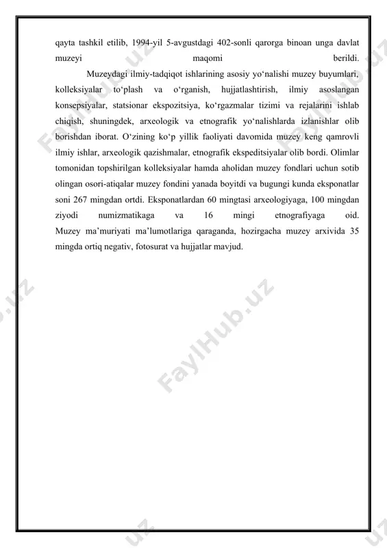 i muzeyi 1996-yilning 2-sentabridan boshlab faoliyat yuritib keladi. uzoqdan quyoshning zarrin nurlariga burkangan mahobatli inshoot atrofi turli-tuman manzarali daraxtlar bilan o‘ralgan. sekin-asta u tomon yurib borarkanman, oqayotgan suvning maftunnavo ohangiyu, betakror me’moriy echim, zamonaviylik va milliylik ruhi singdirilgan go‘zal arxitektura namunasi bo‘lgan bino aqlimni shoshirdi. bu inshoot o‘zbekiston olimpiya shon-shuhrati muzeyidir. darhaqiqat, muzey qimmatbaho eksponatlari, betakrorligi hamda so‘lim joyda joylashganligi bilan ajralib turadi. xalqaro sport tashkilotlarining yorliqlari, sportchilarimizning olimpiya o‘yinlari va nufuzli musobaqalarda qo‘lga kiritgan kuboklari, medallari, esdalik sovg‘alari hamda sidney, afina, pekin olimpiadalari mash’alalari kabi eksponatlar joy olgan. temuriylar tarixi davlat muzeyi sohibqiron amir temur tavalludining 660 yilligi respublikamizda keng nishonlanishi munosabati bilan toshkent shahrida barpo etilgan temuriylar tarixi davlat muzeyi xalqimiz va xorijiy mamlakatlardan tashrif buyurgan mehmonlar ishtirokida 1996 yilning 18 oktyabrida tantanali ravishda ochildi. o‘zbekiston prezidenti islom karimov uning ochilish marosimida nutq so‘zlab, jumladan shunday dedi: «bugungi zo‘r shodiyona bilan ochilayotgan temuriylar tarixi davlat muzeyi sohibqiron shaxsiyatiga …