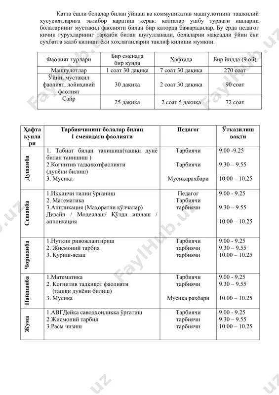 зи болалар ишда фаол иштирок этмасликлари мумкин, лекин бошқаларни кузатиб туришади, гўё улар фаолиятдан четда тургандек. бу бола машғулотдан ҳеч қандай фойда олмайди дегани эмас. кейинги сафар у дадилроқ бўлади ва бу машғулотга қўшилишга ҳаракат қилади. кун тартибидаги охирги нарса - бу иш жойини ўзгартириш (мусиқа ёки жисмоний тарбия) билан боғлиқ машғулот. мусиқа ёки спорт залига ўтказиш - ва бошқа катталар билан мулоқотда бўлиш (мусиқа раҳбари, мураббий). ҳар куни гуруҳ хонасидан ташқарига чиқиш болалар ҳаётига хилма-хиллик бағишлайди ва уларнинг ижтимоий-маданий малакаларини шакллантиради. педагог ушбу фаолиятнинг бир қисмини болалар билан ўтказиши мумкин, унинг бир қисми енгил нонушта тайёрлашга сарфланиши мумкин (агар у ота-оналарнинг илтимосига биноан ташкил этилган бўлса). биргаликда овқатланиш (агар мттда кўзда тутилган бўлса), болалар гуруҳининг бирлашишига ёрдам беради. нонушта пайтида (агар мтмда назарда тутилган бўлса), эркин ва осойишта муҳитни яратиш, болаларга аввалги машғулотларда олган таассуротларини хотиржам равишда алмашиш имкониятини бериш керак. навбатчига педагоглар нонуштадан кейин столларни тозалашга ёрдам беради. …