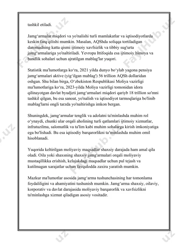darajada farq qilishi mumkin. 6. **qimmatli metallarga investitsiya**: oltin, kumush, platina singari qimmatli metallarga sarmoya kiritish ham jamg'arma turi hisoblanadi. ushbu metallarning narxi odatda iqtisodiy noaniqlik davrida yuqori bo'ladi. ushbu jamg'arma turi inflyatsiyadan himoya sifatida ko'rilishi mumkin. 7. **aksiyalar va obligatsiyalar**: o'zbekiston va xalqaro bozorlarida aksiyalar va obligatsiyalar sotib olish orqali ham jamg'arma yaratish mumkin. aksiyalar dividendlar va kapital o'sish orqali daromad keltirishi mumkin. obligatsiyalar esa odatda fiksirlangan foizlar orqali barqaror daromad manbai hisoblanadi. 8. **crowdfunding platformalari**: so'nggi yillarda, turli crowdfunding platformalari orqali ham jamg'arma tashkil etish ommalashmoqda. ushbu platformalar orqali jamoalar kichik investorlarni jalb qilib, loyihalarni moliyalashtirishga urinadilar. bu investorlar kichik miqdorda pul qo'shadi va loyihaning muvaffaqiyatiga bog'liq ravishda daromad oladilar. jamg'arma turlarining har biri o'ziga xos risk darajasiga, likvidlik darajasiga va kutilayotgan daromad koeffitsiyentine ega. shuning uchun, fuqaro yoki tashkilot har bir turdagi jamg'arma vositasining balansini o'rab, ularning moliyaviy maqsadlari va toqatqiluvchi riskiga mos ravishda qaror qilishlari tavsiya …