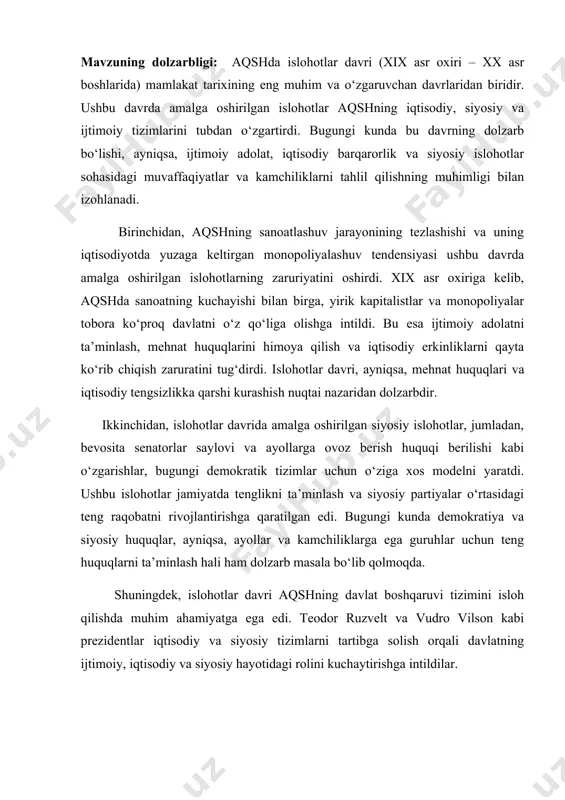 kirish, 3 ta asosiy reja, xulosa va foydalanilgan adabiyotlar ro‘yxatidan iborat. 1. aqshda sanoatlashuv va ijtimoiy-iqtisodiy ziddiyatlar (xix asr oxiri) xix asr oxirida aqsh o‘zining sanoatlashuv jarayonining yangi bosqichiga qadam qo‘ydi. sanoat inqilobi mamlakatni yanada boyitib, iqtisodiy jihatdan rivojlantirdi, biroq bu jarayon ijtimoiy va iqtisodiy ziddiyatlarni ham keltirib chiqardi. sanoatlashuvning tezlashishi va bozorning kengayishi bilan birga, yangi muammolar paydo bo‘ldi. shuningdek, bu davrda sodir bo‘lgan ijtimoiy va iqtisodiy ziddiyatlar aqsh tarixining eng murakkab va qiyin davrlaridan biriga aylandi. xix asr oxirida aqshda sanoatning rivojlanishi kuchayib, mamlakatning iqtisodiy manzarasini butunlay o‘zgartirdi. temir yo‘llar, yangi texnologiyalar, fabrikalar va sanoat korxonalari soni ortdi. aqsh, ayniqsa, avtomobilsozlik, temir-yodda va to‘qimachilik sanoatida jahonning yetakchi davlatlaridan biriga aylandi. sanoatlashuvning natijasida ishlab chiqarish hajmi oshdi, iqtisodiyotning samaradorligi yuqori bo‘ldi, yangi bozorlar ochildi va iqtisodiy yuksalish ro‘y berdi[footnoteref:1]. [1: foner, e. (2017). give me liberty! an american history. 6th ed. w.w. norton & company.] sanoatlashuv bilan birga, yangi …