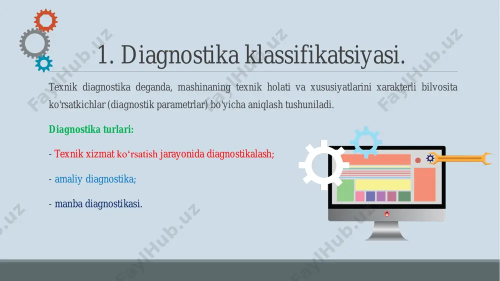 atkichlari. 4. ishlab chiqarishni kompleks avtomatlashtirish sharoitida texnik diagnostika? 5. avtomatlashtirish tizimlarining sifatini baholash uchun testlarning asosiy turlari? 6. diagnostikalash usullari? 7. texnologik jihozlarni diagnostika qilishning asosiy usullari va vositalari? 8. diagnostikalash effektivligi nima? foydalanilgan adabiyotlar 1. kalandarov i.i., mahmudov g‘.b. «avtomatlashtirish sistemalarining ishonchliligi» 156-164 bet o‘quv qo‘llanma