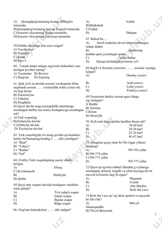 i b) mezolit - o'rta tosh davri c) paleolit-qadimgi tosh davri d) eneolit – mis tosh davri 49.insoniyatning eng qadimgi mashg'uloti... a) termachilik va ovchilik b) chorvachilik va dehqonchilik c) dehqonchilik va ovchilik d) ovchilik va chorvachilik 50.hayvon yoki o’simliklarni ilohiylashtirish fanda nima deyladi? a) totemizm b) fetishizm c) shamanizm d) animizm 51.eng qadimgi odamlar u yoki bu buyumlar omad keltirishiga yohud balo-qazoni bartaraf etishiga ham e`tiqod qilganlar. bu din ………… nomini oigan. a) fetishizm b) totemizm c) shamanizm d) animizm 52. mezolit (o’rta tosh asri) davrini aniqlang?. a) mil. avv. 12-7 tming yillar b) mil. avv. 100-40 ming yillar c)mil. avv. 40-12 ming yillar d) mil. avv. 6-4 ming yillar 53.o`zbekiston hududidan topilgan mezolit davri manzilgohlari xato beriigan javobni toping?. a) sopollitepa b) machay c) qo`shilish d) obishir 54. neolit davrida vujudga kelgan kashfiyotlar xato berilgan javobni toping?. a) g`ildirak kashf etildi b) loydan idish-tovoqlar yasaldi c) mikrolitlar yasashni …