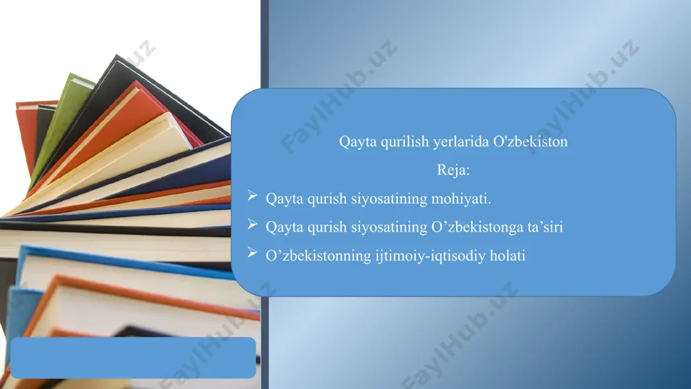 mustaqil siyosiy partiyalar, tashkilotlar shakllana boshlagan. ittifoqdosh respublikalarda ham siyosiy mustaqillikka intilish jarayoni boshlangan. o‘zbekistonda esa, 1989 yilda yangi rahbari qilib saylangan birinchi prezidetimiz i.a.karimov mustaqillik g‘oyasi to‘g‘ri anglagan holda bu borada amaliy ishlarni amalga oshirgan. shuningdek, murakkab vaziyatni tahlil qilishda jamoatchilik fikrini shakllantirishda, demokratik jarayonlarning rivojlanishida, keng xalq ommasi faolligini oshirishda matbuot xodimlari, ziyolilar muhim o‘rinni egalladilar. ular jamiyat inqrozining asosiy sababi aynan marksizm va leninizm ta’limot ekanligini ko‘rsatdilar. 5 barcha ittifoqdagi respublikalar kabi o‘zbekiston iqtisodiyoti ham besh yillik reja asosida rivojlangan. u markazdagi davlat va moliya organlari tomonidan ishlangan. besh yillik rejalar kommunistik partiya plenumi va s’ezdlarida tasdiqlangan va ularni bajarish majburiy bo‘lgan. ko‘p vaqtlarda bunday yuqorida ishlab chiqilgan qarorlarni mahalliy sharoitlarda bajarishning imkoni bo‘lmas edi. bu esa, o‘z navbatida ishchi kuchi va sanoatning zo‘riqishiga olib kelgan. bu vazifalarni bajarilmasa javobgarlikka tortilar edi, buning oldini olish uchun ko‘zbo‘yamachilik va qo‘shib yozishlar ko‘lami kengayib borgan. ijtimoiy muammolarga e’tiborsizlik, rejalashtirishdagi …