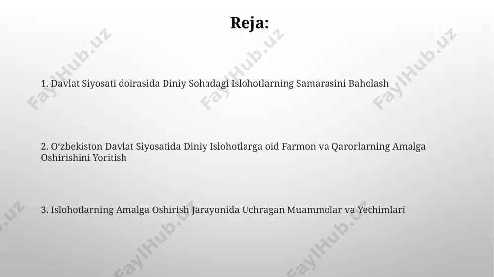 irish va targ'ib qilish islom dinining asosiy 5 ta ruknini tushuntirishga 100 dan ortiq maxsus darslik va o'quv qo'llanmalar yaratildi va tarqatildi. islom dinining mohiyatini tushuntirish bo'yicha 300 dan ziyod ma'ruza va seminarlar o'tkazildi, ularda 10000 dan ortiq kishi ishtirok etdi. ekstremistizm va diniy radikalizmga qarshi kurash “ekstremistizm va diniy radikalizmga qarshi kurash” davlat dasturi doirasida 2018-2022 yillar oraligʻida 3000 dan ortiq diniy ekstremizmga aloqador shaxslarga ijtimoiy reabilitatsiya yordami koʻrsatilgan. diniy ekstremizm va radikalizmning oldini olish boʻyicha oʻtkazilgan profilaktik tadbirlar natijasida 2021 yilda yoshlar orasida diniy bagʻritoshlikka oid 1500 dan ortiq seminar oʻtkazildi. oʻzbekiston davlat siyosatida diniy sohadagi islohotlarga oid farmon va qarorlarning qamrovi qabul qilingan hujjatlarning ijrosi boʻyicha hisobotlar davlat organlari tomonidan taqdim etilib, ularning mazmuni oʻzbekiston respublikasi prezidentining rasmiy veb-saytida joylashtiriladi. davlat dasturlari doirasida 2018-2022 yillar oraligʻida diniy sohaga oid 15 dan ortiq farmon va qarorlar qabul qilingan boʻlib, ularning ijrosi monitoringi orqali kuzatib borilmoqda. diniy ekstremizm va …