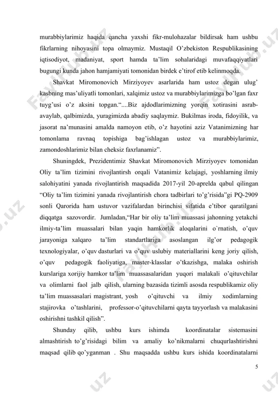 osiy tushunchalari va almashtirish turlari. 1.1. dekart koordinatalar sistemasi. koordinatalar (lotincha so’zdan olingan bo’lib – birgalikda, ordinatus-tartiblangan, aniqlangan) - nuqtaning to’g’ri chiziq , tekislik , fazo va turli yuzalardagi holatini aniqlovchi sonlar. masalan , geografiyada ma’lum nuqta joylashgan kenglik va uzunlikni ko’rsatuvchi sonlar; astranomiyada yoritqichning osmon sferasidagi holatini aniqlovchi sonlar va hokazo. tekislikdagi koordinatalar sistemasi geometrik figuralar va nuqtalarning joylashuvini aniqlash uchun ishlatiladi. har bir nuqta ikkita son — koordinata juftligi bilan ifodalanadi. quyida asosiy koordinatalar tizimlari haqida tushuncha beriladi: 1. to‘g‘ri burchakli koordinatalar tizimi. bu eng ko‘p qo‘llaniladigan sistemadir. ikki o‘zaro perpendikulyar to‘g‘ri chiziq — abstsissa o‘qi (x-o‘qi) va ordinata o‘qi (y-o‘qi) asosida quriladi. ularning kesishgan nuqtasi boshlanish nuqtasi (origo, o nuqta) deb ataladi. har bir nuqta m(x,y) ko‘rinishida ifodalanadi, bu yerda: · x — nuqtaning abstsissasi (gorizontal masofasi), · y — nuqtaning ordinatasi (vertikal masofasi). 2. qiyshiq burchakli koordinatalar tizimi. agar asosiy o‘qlar 90∘ emas, balki α burchak …