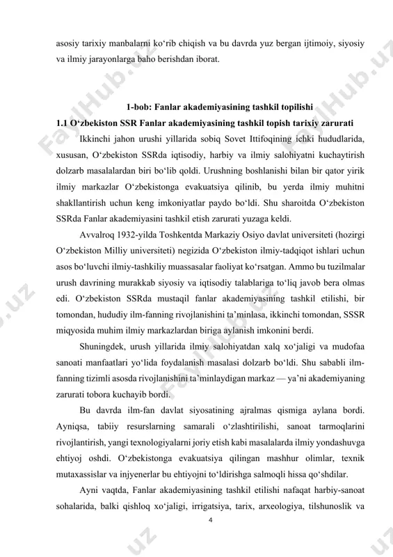 -tashkiliy muassasalar faoliyat ko‘rsatgan. ammo bu tuzilmalar urush davrining murakkab siyosiy va iqtisodiy talablariga to‘liq javob bera olmas edi. o‘zbekiston ssrda mustaqil fanlar akademiyasining tashkil etilishi, bir tomondan, hududiy ilm-fanning rivojlanishini ta’minlasa, ikkinchi tomondan, sssr miqyosida muhim ilmiy markazlardan biriga aylanish imkonini berdi. shuningdek, urush yillarida ilmiy salohiyatdan xalq xo‘jaligi va mudofaa sanoati manfaatlari yo‘lida foydalanish masalasi dolzarb bo‘ldi. shu sababli ilm-fanning tizimli asosda rivojlanishini ta’minlaydigan markaz — ya’ni akademiyaning zarurati tobora kuchayib bordi. bu davrda ilm-fan davlat siyosatining ajralmas qismiga aylana bordi. ayniqsa, tabiiy resurslarning samarali o‘zlashtirilishi, sanoat tarmoqlarini rivojlantirish, yangi texnologiyalarni joriy etish kabi masalalarda ilmiy yondashuvga ehtiyoj oshdi. o‘zbekistonga evakuatsiya qilingan mashhur olimlar, texnik mutaxassislar va injyenerlar bu ehtiyojni to‘ldirishga salmoqli hissa qo‘shdilar. ayni vaqtda, fanlar akademiyasining tashkil etilishi nafaqat harbiy-sanoat sohalarida, balki qishloq xo‘jaligi, irrigatsiya, tarix, arxeologiya, tilshunoslik va tibbiyot kabi muhim yo‘nalishlarda ham ilmiy izlanishlarni kuchaytirish uchun yangi imkoniyatlar yaratdi. natijada, ilm-fan faqat markaziy sssr …