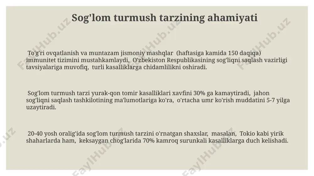 tomir kasalliklarining rivojlanishiga olib kelishi mumkin, masalan, rossiyada yurak-qon tomir kasalliklaridan o'lim darajasi yuqori. funksional metabolizmning bosqichlari funksional metabolizmning birinchi bosqichi, ya'ni katabolizm, 37°c haroratda hujayralarda 10 dan ortiq fermentlar yordamida murakkab organik molekulalarning parchalash jarayonini o'z ichiga oladi. funksional metabolizmning uchinchi bosqichi bo'lmish krebs siklida, mitoxondriyada 3-karbonli piruvat molekulalarining oksidlanishi natijasida 32 atp molekulasi hosil bo'ladi, bu energiya hujayralar faoliyati uchun juda muhimdir. glyukoliz jarayoni, funksional metabolizmning ikkinchi bosqichi, hujayra sitoplazmasida glyukozaning piruvatga aylanishi bilan 2 atp molekulasini hosil qiladi va bu jarayon deyarli barcha tirik organizmlar, shu jumladan, o'zbekistonning cho'l hududlarida yashovchi organizmlar uchun xarakterlidir. metabolizmning asosiy turlari funksional va plastik metabolizm o'rtasidagi muvozanat, masalan, 25 yoshli sog'lom inson tanasida, to'g'ri ovqatlanish va jismoniy faollik bilan saqlanib qoladi va bu umumiy sog'liqni saqlash uchun juda muhimdir. funksional metabolizm, organizmning 20 dan ortiq turdagi hujayralarida 37°c haroratda 7-8 soat davom etadigan jarayonlarni o'z ichiga oladi va bu jarayonlar energiya …