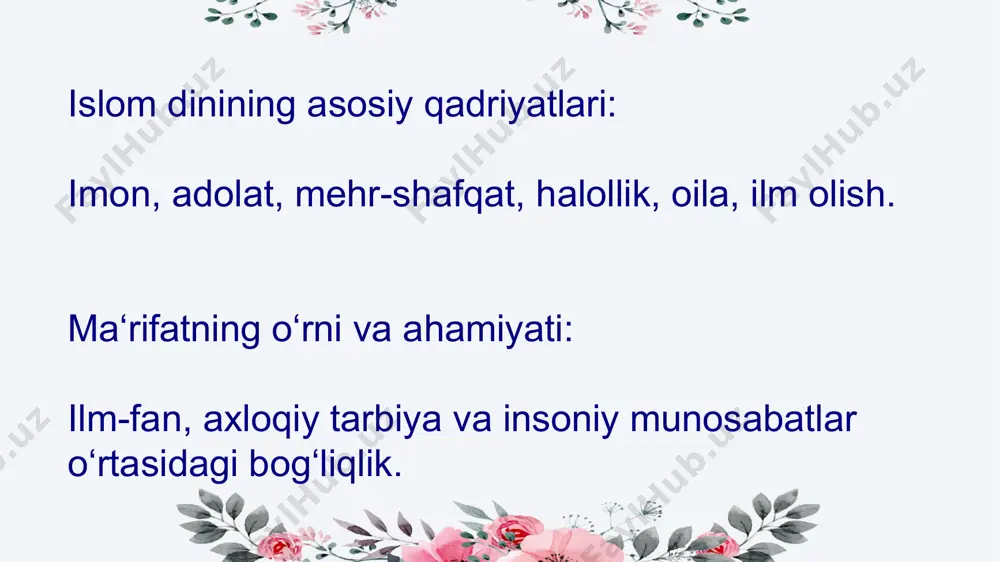 g‘rilik islomda halollik, so‘zda va amalda to‘g‘riligini ta’minlash muhim qadriyatdir. qur’onda, "yolg‘on gapirmang" degan bir qancha oyatlar bor. musulmonlarga har doim halol yollardan foydalanish, so‘zi va amali bilan to‘g‘ri bo‘lish buyuriladi. title text addition the user can demonstrate on a projector or computer, or print the presentation and make it film 5. oila va farzand tarbiyasi islomda oila juda katta ahamiyatga ega, oila a'zolarining bir-birlariga bo‘lgan mas'uliyati va hurmati muhim qadriyatdir. ota-onalar farzandlarini ilmga, axloqqa, diniy tarbiya va to‘g‘ri yo‘lga yo‘naltirishlari kerak. oila — jamiyatning asosiy bo‘g‘ini sifatida, uning barqarorligi va farovonligi jamiyatning rivojiga olib keladi. 6. ilm islomda ilm o‘rni juda yuqori. "ilm — nur" deb ta'riflangan ilm-fan va bilish islomda kattalarga va yoshlar uchun muhim qadriyatdir. qur’onda, payg‘ambar hadislarida ham ilm olishning fazilati ko‘p marta ta’kidlangan. ilm insonni dunyo va oxiratda muvaffaqiyatga erishtiradi. 7. taqvo taqvo (allohdan qo‘rquv va undan ajralmas bo‘lgan iymon) — islomda insonning o‘zini allohdan …
