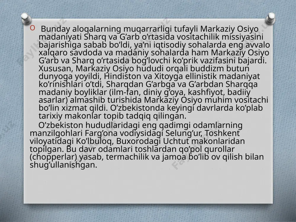 o’zgarishlar sodir bo’ladi. bu davr odamlari aksariyat hollarda daryo sohillari va tarmoqlari yoqasida, ko’llar bo’ylarida yashab, tabiiy imkoniyatlardan kelib chiqib, baliqchilik va ovchilik yoki dehqonchilik va chorvachilik hamda qisman hunarmandchilik bilan shug’ullanganlar. eng katta yutug’lardan biri kulolchilikning paydo bo’lishidir. shuningdek, bu davrga kelib to’qimachilik va qayiqsozlik ham paydo bo’ladi. neolit davri qabilalari xo’jalik shakllariga qarab quyidagi madaniy buyuk ipak yoʻli — insoniyat rivojlanishi tarixining, uning birlashuvga hamda madaniy qadriyatlari bilan almashishga, hayotiy fazo-yu mahsulotlarni sotish uchun bozorlarga erishishga intilishining oʻziga xos boʻlgan hodisasidir. sharqda aytiladigan naqlga qaraganda: „oʻtirgan — boʻyra, yurgan — daryo“. harakatlanish — bu hayotdir, sayohat qilish, jahongashtalik doimo taraqqiyotning harakatlantiruvchi kuchi boʻlgan edi. insoniyat tarixida eng ulkan boʻlgan ushbu qitʼalararo savdo yoʻli yevropa va osiyoni bir-biriga bogʻlab, oʻtmishda antik rim davlatidan to yaponiyaning qadimgi poytaxti nara shahrigacha choʻzilgan edi. albatta, sharq va gʻarb oʻrtasidagi savdo oʻtmish qaʼriga choʻkkan qadim-qadim zamonlardan beri olib borilar edi, lekin bu kelgusida …