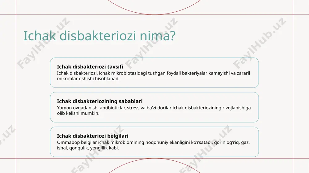 ak-teri o'rnini ichak sog'ligi bilan yaqin bog'liq. ichak disbakteriozi uchun diagnostik testlar o'tkir qorin tahlili qorin namunasida zararli patogenlar yoki foydali bakteriyalar darajasidagi tasarruflarni aniqlash mumkin. nafas testlari nafas testlari, qorin bakteriyalarining ishlab chiqaradigan gazyuzlar darajasini o‘lchab, sibo yoki metan ishlab chiqaradigan bakteriyalar kabi ma'lumotli disbakterioz modellarini aniqlashga yordam beradi. qon testlari qon testlari, disbakterioz bilan bog'liq sog'liqni umumiy ravishda tushuntiradigan yoki immun reaktsiya belgilarini aniqlashda yordam beradi. ichak disbakteriozi uchun davolash variantlari 1 probiotiklar lactobacillus va bifidobacterium turlari kabi foydali bakteriyalarni ichak florasi barqarorligini tiklash uchun kirish qilish. 2 oziq-ovqat o'zgartirishlari tukli yogʻlar, prebiotiklar va fermentlangan ovqatlar boyicha boy bog'liqlar bilan bog'liq, sog'lom ichak mikrobiotasining turli xil bo'lishini taʼminlash. 3 antibiotiklar disbakteriozga sabab bo'layotgan zararli bakteriyalarni maqsadga muvofiqlikda qarash uchun mahsus antibiotiklardan foydalanish, foydali florani zarar ko'rsatmasdan buzish. probiotiklar va intestinallik disbakterioz 1 probiotiklarni tushunish probiotiklar sizning sog'liqingiz, ayniqsa, digestiv tizmingiz uchun foydali bo'lgan yashovchi bakteriyalar va mayalardir. 2 …