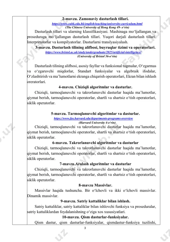 lar haqida ma’lumotlar, qiymat berish, tarmoqlanuvchi operatorlar, shartli va shartsiz oʻtish operatorlari, siklik operatorlar. 8-mavzu massivlar. massivlar haqida tushuncha. bir oʻlchovli va ikki oʻlchovli massivlar. dinamik massivlar. 9-mavzu. satriy kattaliklar bilan ishlash. satriy kattaliklar, satriy kattaliklar bilan ishlovchi funksiya va proseduralar, satriy kattaliklardan foydalanishning oʻziga xos xususiyatlari. 10-mavzu. qism dasturlar-funksiyalar. qism dastur, qism dasturlar-funksiyalar, qismdastur-funksiya tuzilishi, formal, lokal va haqiqiy parametrlar, dasturda qism dasturlardan foydalanish. 11-mavzu. qism dasturlar-protseduralar. qism dastur, qism dasturlar-proseduralar, qismdastur-proseduralar tuzilishi, formal, lokal va haqiqiy parametrlar, dasturda qism dasturlardan foydalanish. 12-mavzu. xotira manzili bilan ishlash (pointer) voqealar va habarlar. ob’ektga yoʻnaltirilgan muhitlarda habarlarni uzatish va ularga ishlov berish mexanizmlari. ob’ektlar ierarxiyasi asosida dasturlarni loyihalash. muayyan ob’ektga yoʻnaltirilgan dasturlash tili va unda dastur tuzish asoslari. 13-mavzu. fayllar bilan ishlash. fayllar bilan ishlash, tiplashtirilgan va tiplashtirilmagan fayllar, fayllar bilan ishlovchi standart funksiya va proseduralar, fayllarga yozish, fayllardan oʻqish. 14-mavzu. dasturlash tilida structura va shablonlar bilan ishlash dasturlash tilining grafik …