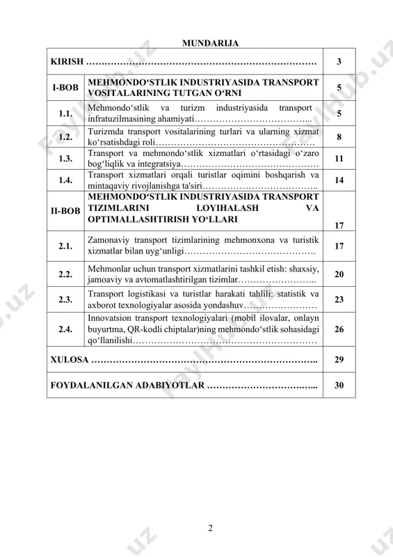 ondo‘stlik industriyasida transport vositalari – turizm infratuzilmasining ajralmas bo‘lagi sifatida muhim o‘rin tutadi. avtobuslar, taksilar, ijaraga beriladigan transport vositalari, aeroport va temiryo‘l xizmatlari sayyohlarni kutib olish, joylashtirish, sayohat qilish va kuzatishda asosiy rolni bajaradi. transport xizmatlarining zamonaviy, qulay va samarali tashkil etilishi mehmonlar ehtiyojini to‘liq qondirishda katta ahamiyatga ega. shu boisdan, ushbu kurs ishining mavzusi dolzarb va amaliy jihatdan ahamiyatlidir. kurs ishining maqsadi - mehmondo‘stlik industriyasida transport vositalarining o‘rni va ahamiyatini o‘rganish, ularning sayyohlar tajribasiga ta’sirini tahlil qilish hamda turizm xizmatlarini yaxshilashda transport tizimining tutgan o‘rnini asoslab berishdan iborat. mazkur ish orqali turistik marshrutlar, aeroport va vokzallardagi logistika jarayonlari, mehmonxonalarga yetib borish tizimi, ekskursiyalar uchun transport tashkiloti, ijaraga beriladigan transport vositalari kabi sohalarda transport xizmatlarining tashkil etilishi o‘rganiladi. bundan tashqari, transport infratuzilmasining rivojlanishi mehmonlar oqimini oshirishga qanday ta’sir ko‘rsatishini tahlil qilish, mavjud muammolarni aniqlash va ularni bartaraf etish bo‘yicha takliflar ishlab chiqish ushbu kurs ishining maqsadlaridandir. kurs ishining vazifalari - …